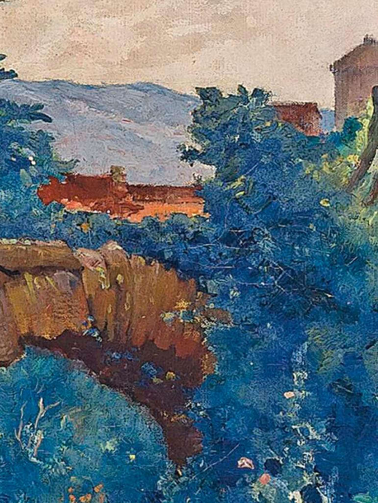 Ligurien, Italien, ein figuratives impressionistisches Gemälde von Bauern auf einer Brücke  im Angebot 1