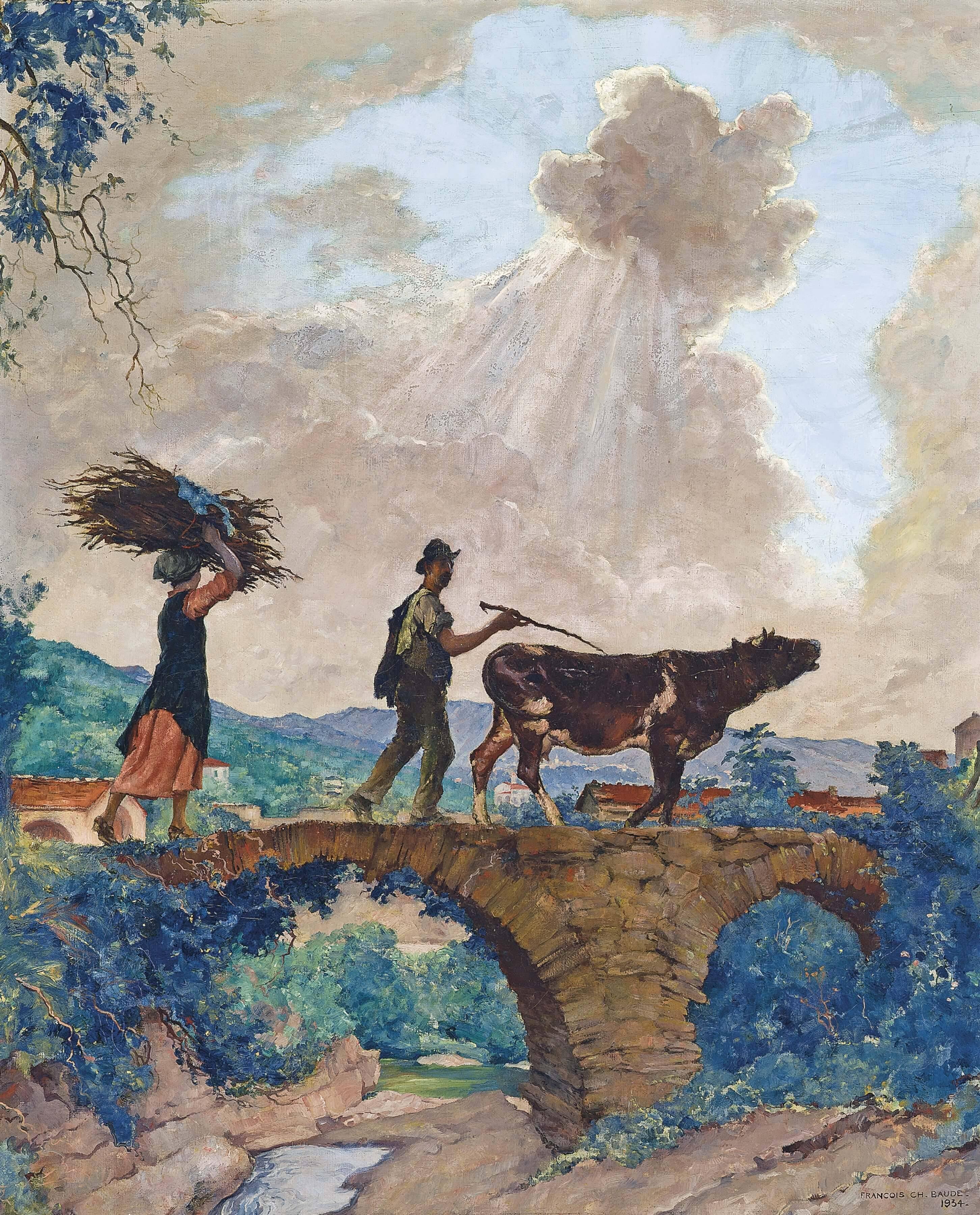 Landscape Painting Francois Charles Baude - Ligurie, Italie, une peinture impressionniste figurative représentant des paysans sur un pont 