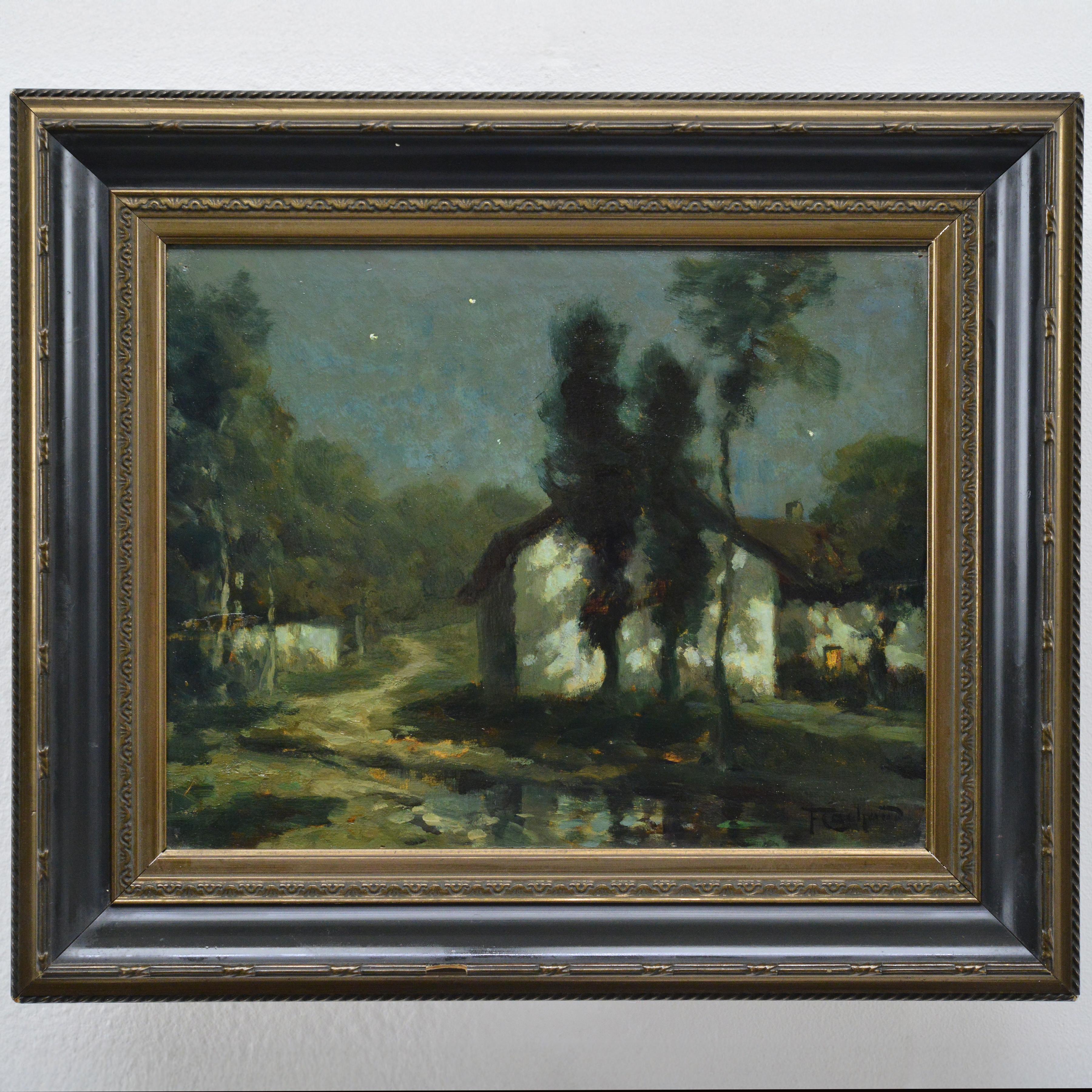 Early 20th Century French Moonlit Village Oil on Panel Savoie Night Signed - Painting by Francois Charles Cachoud