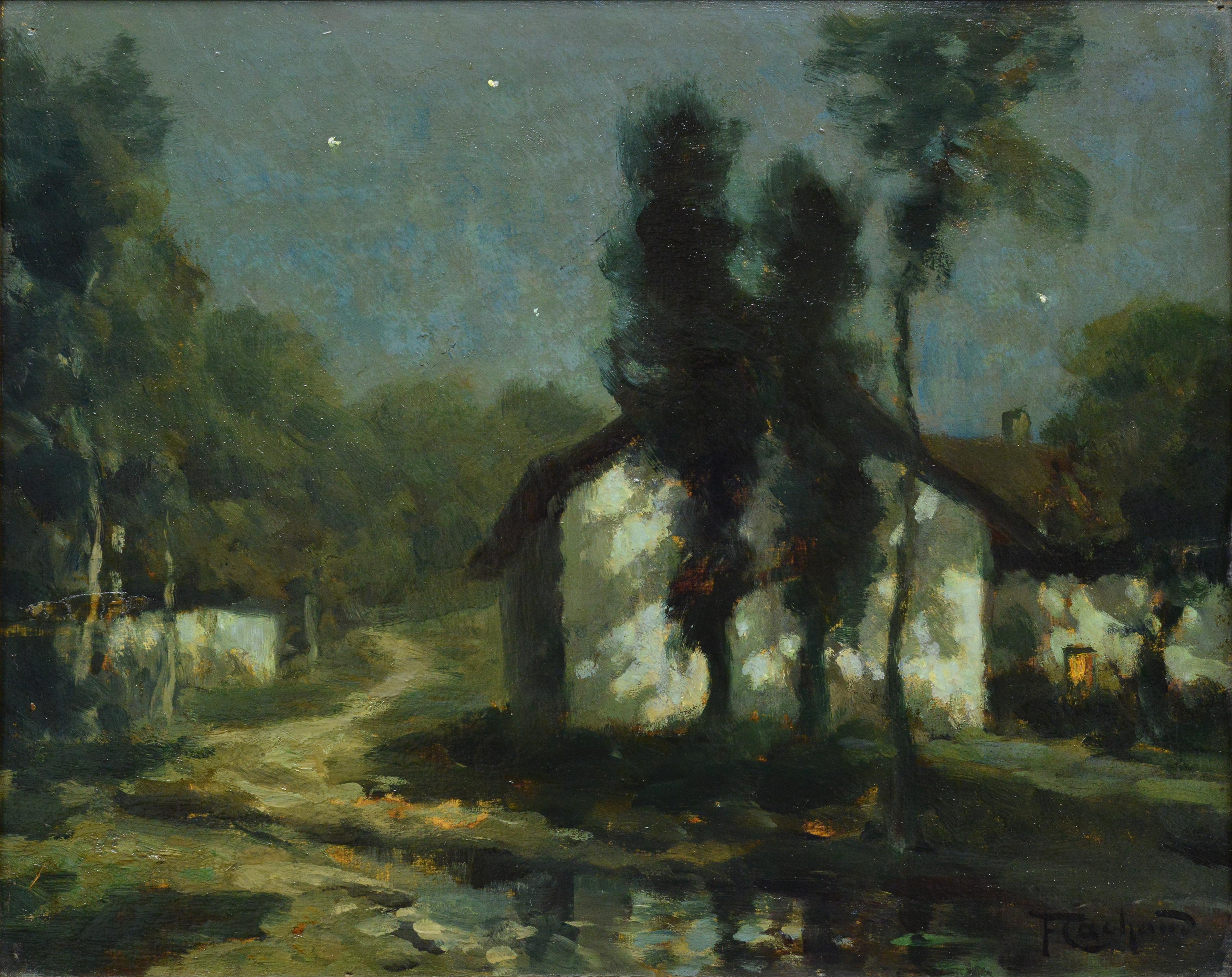 Early 20th Century French Moonlit Village Oil on Panel Savoie Night Signed - French School Painting by Francois Charles Cachoud