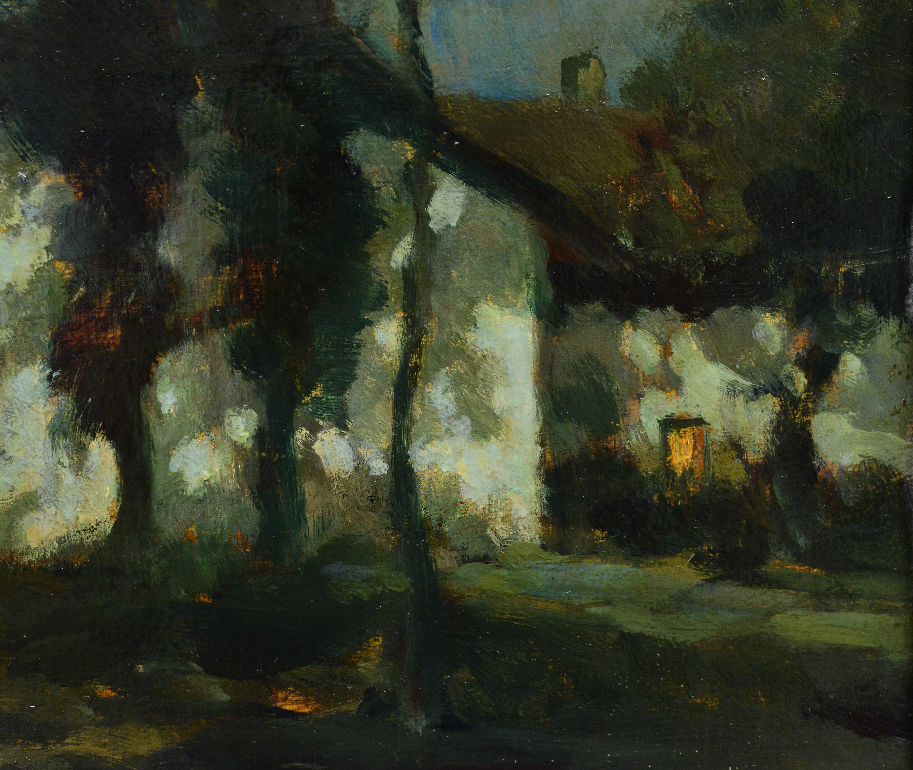 Early 20th Century French Moonlit Village Oil on Panel Savoie Night Signed - Brown Landscape Painting by Francois Charles Cachoud
