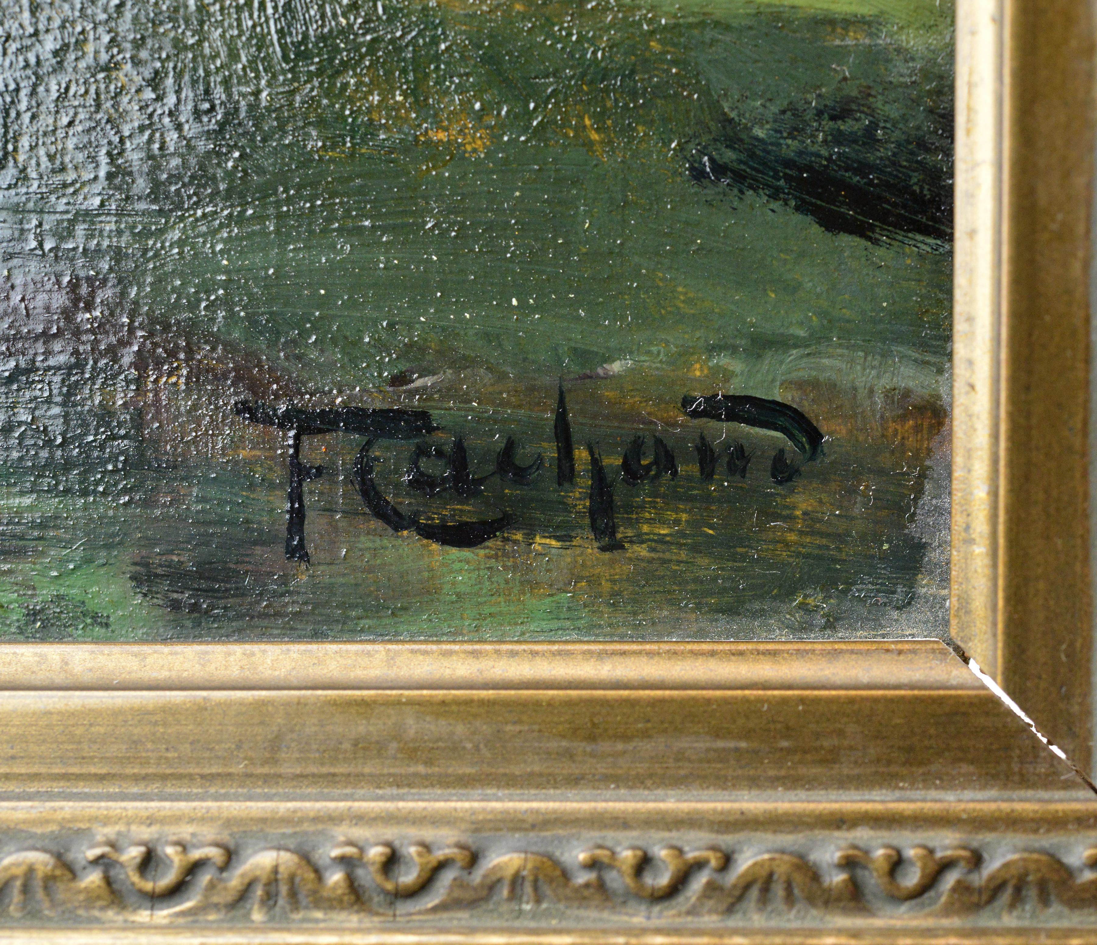 This early 20th century oil painting on wooden panel, titled 