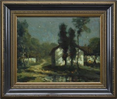 Early 20th Century French Moonlit Village Oil on Panel Savoie Night Signed Early 20th Century French Moonlit Village Oil on Panel Savoie Night Signed