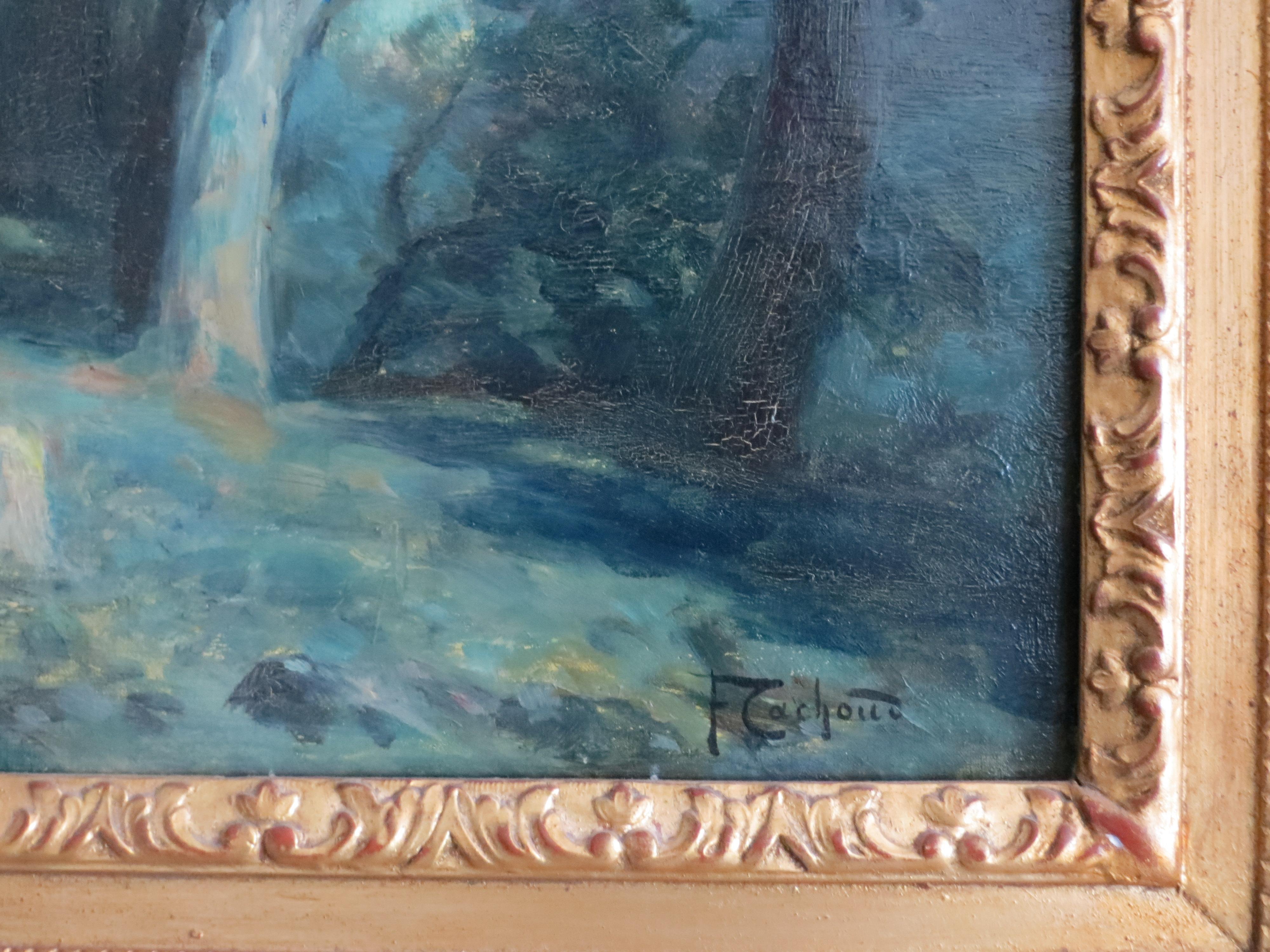 Moonlight in Savoie France signed Cachoud - Impressionist Painting by Francois Charles CACHOUD