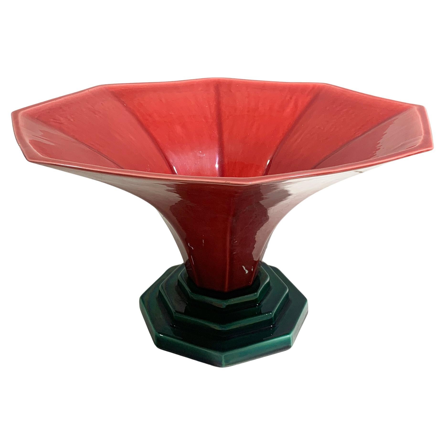 François Chatain Ceramic Bowl in Red and Green, Art Deco Style, France, 1980's im Angebot
