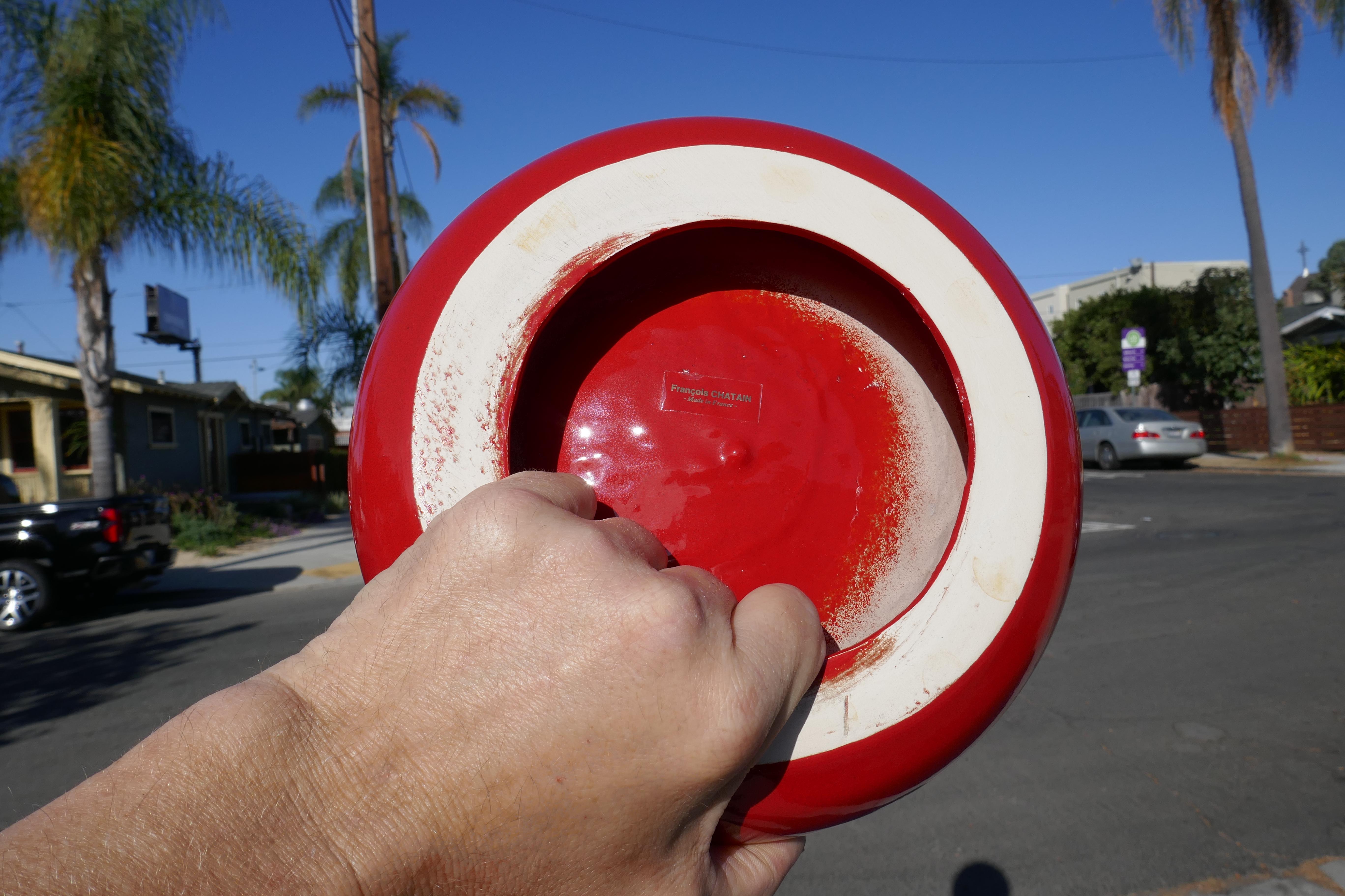 Cast Francois CHATAIN Made In France Ceramic Red Glazed Vide Poche Ashtray Bowl For Sale