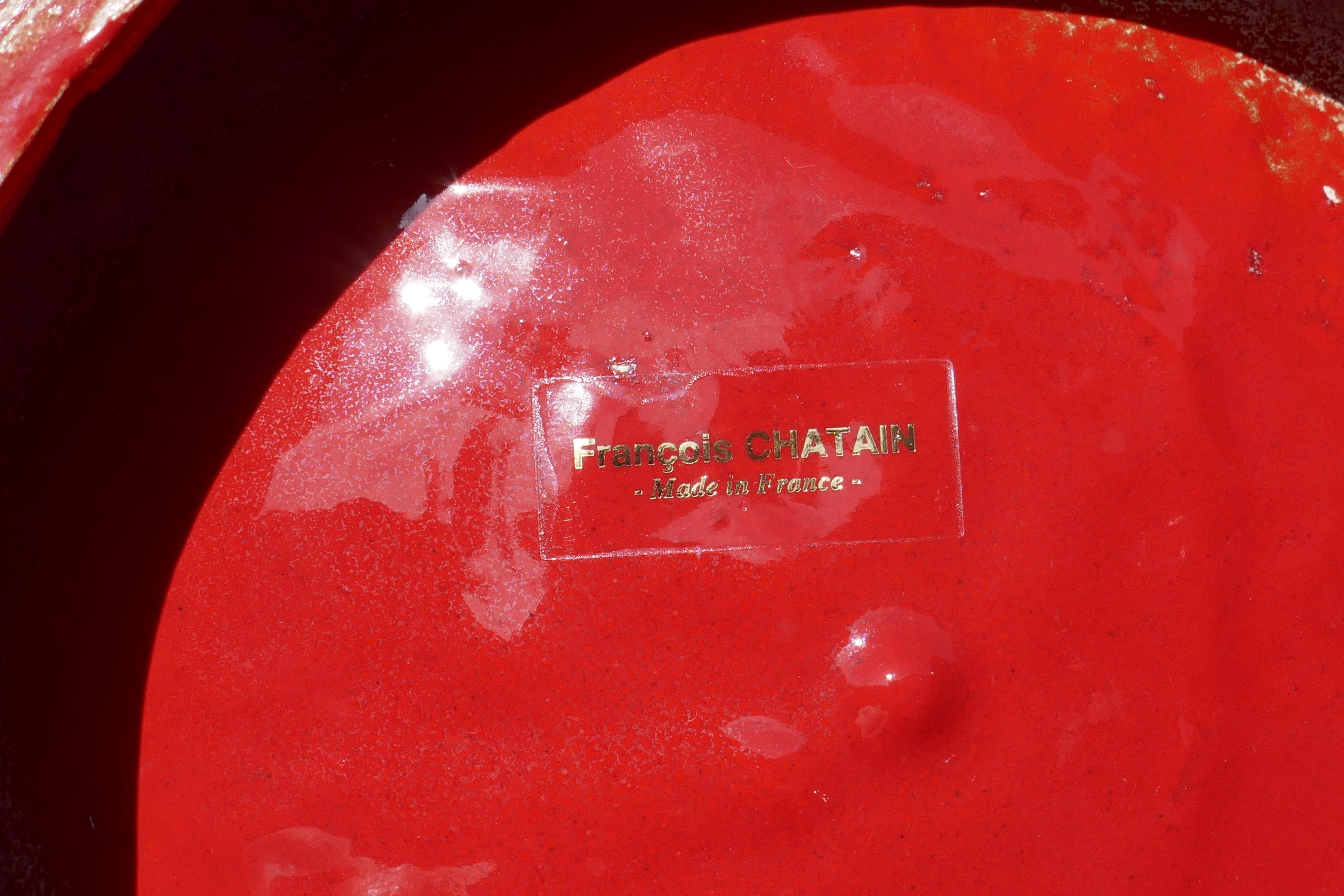 Francois CHATAIN Made In France Ceramic Red Glazed Vide Poche Ashtray Bowl In Good Condition For Sale In San Juan Capistrano, CA