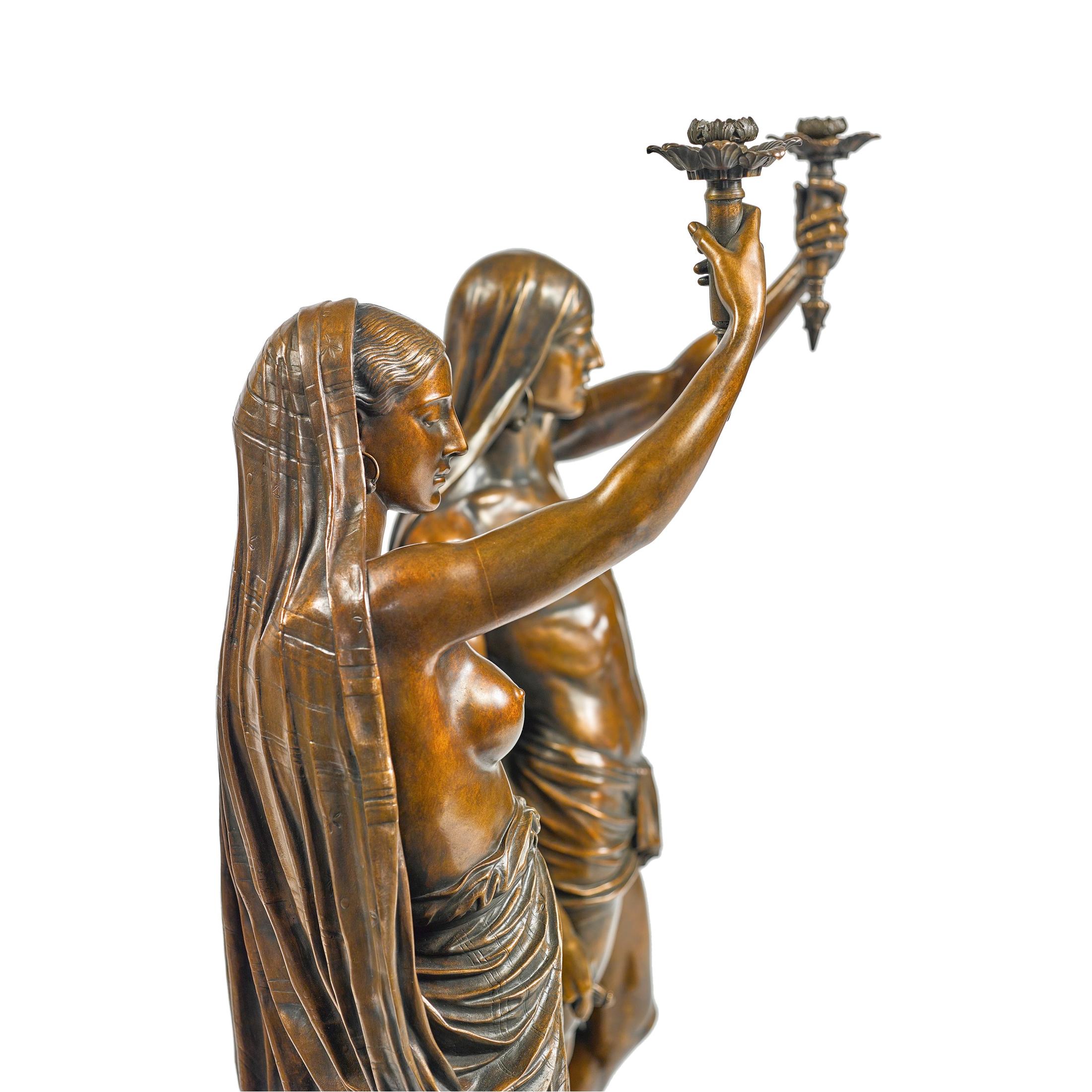 Pair of Bronze Deux Esclaves Indiens Porte Torchères - Sculpture by François-Christophe-Armand Toussaint