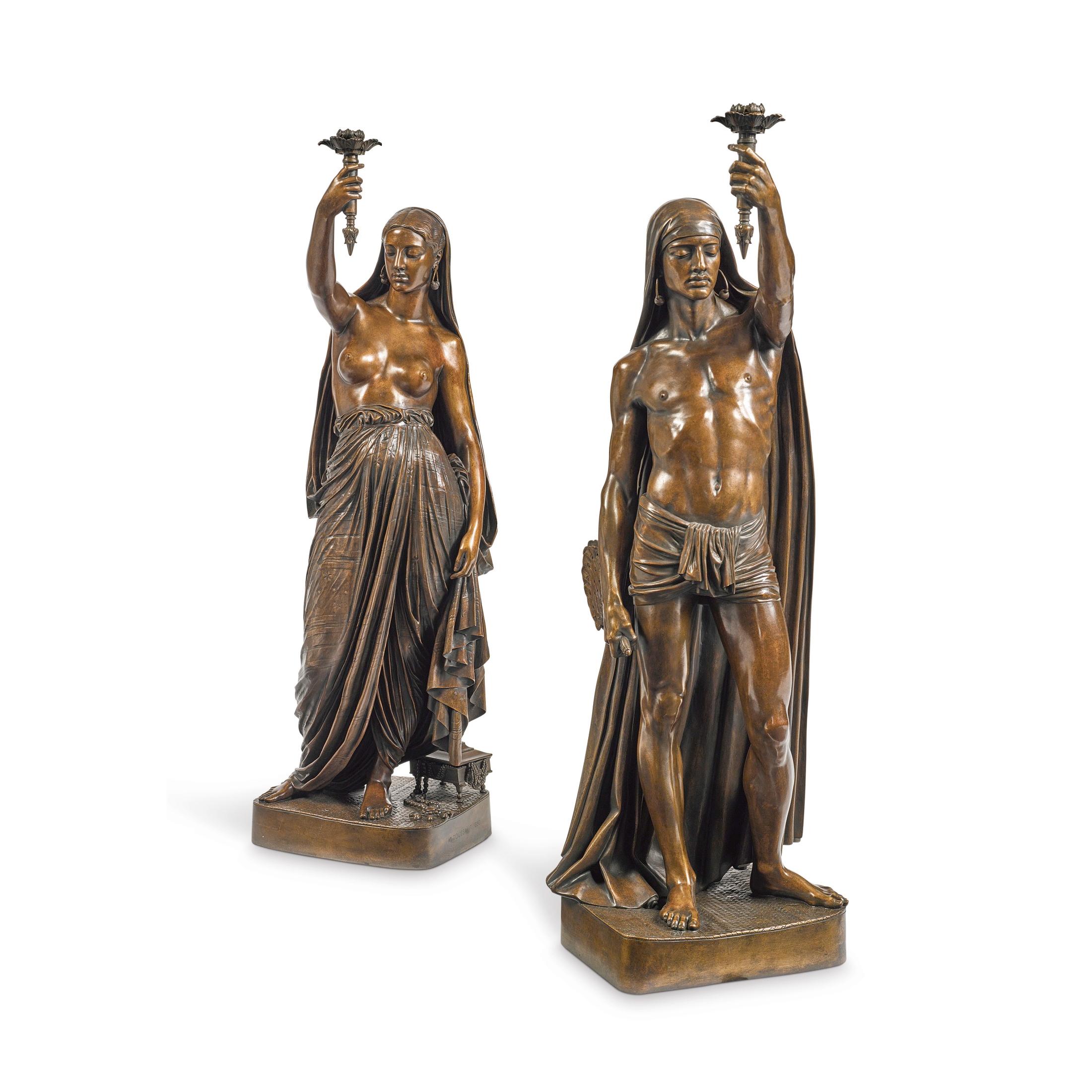Pair of Bronze Deux Esclaves Indiens Porte Torchères