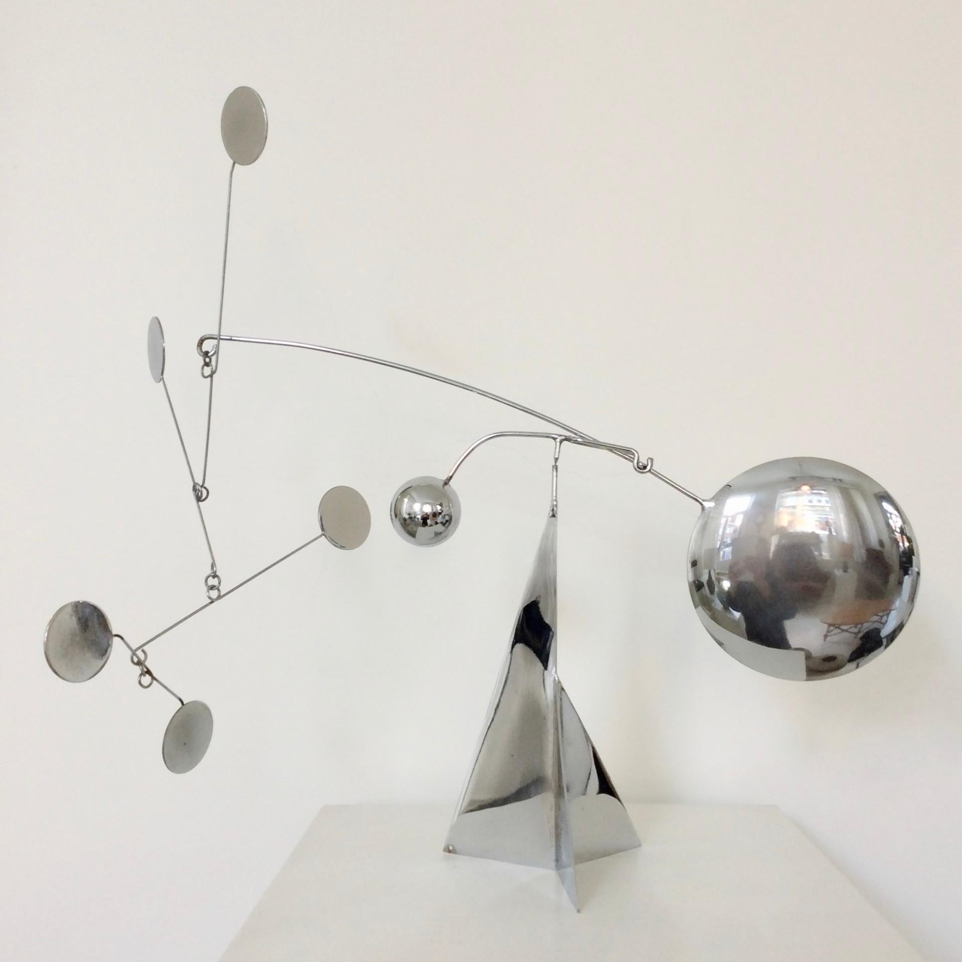 Beautiful François Colette mobile sculpture, 1972, France.
Stamped FC 72.
Chromed metal.
Original condition.
Dimensions: 42 cm H, 49 cm W, 18 cm D.
All purchases are covered by our Buyer Protection Guarantee.
This item can be returned within 14 days