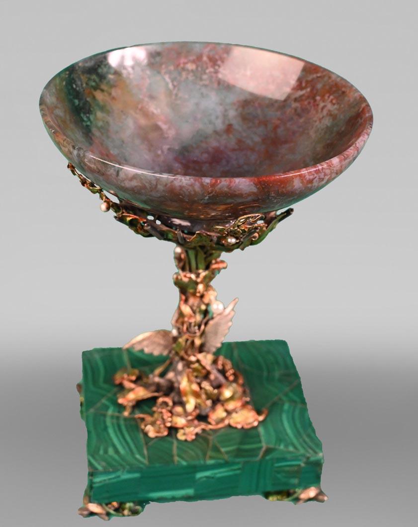 Enameled François-Désiré FROMENT-MEURICE, Silver, Agate and Malachite Tazza Decorated For Sale