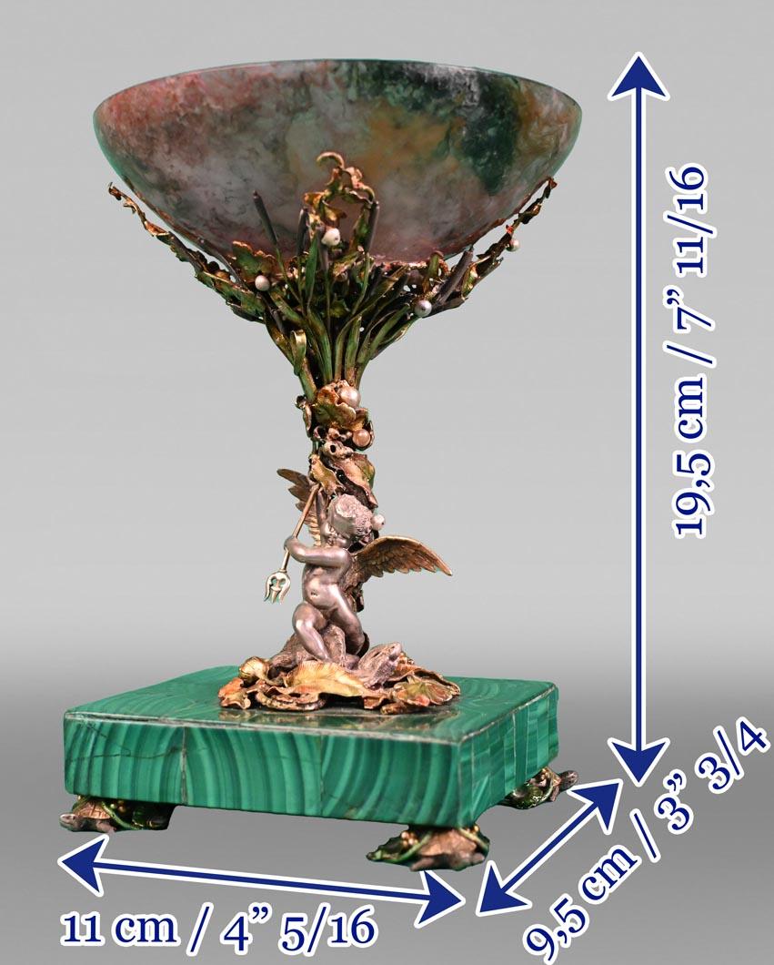 Mid-19th Century François-Désiré FROMENT-MEURICE, Silver, Agate and Malachite Tazza Decorated For Sale