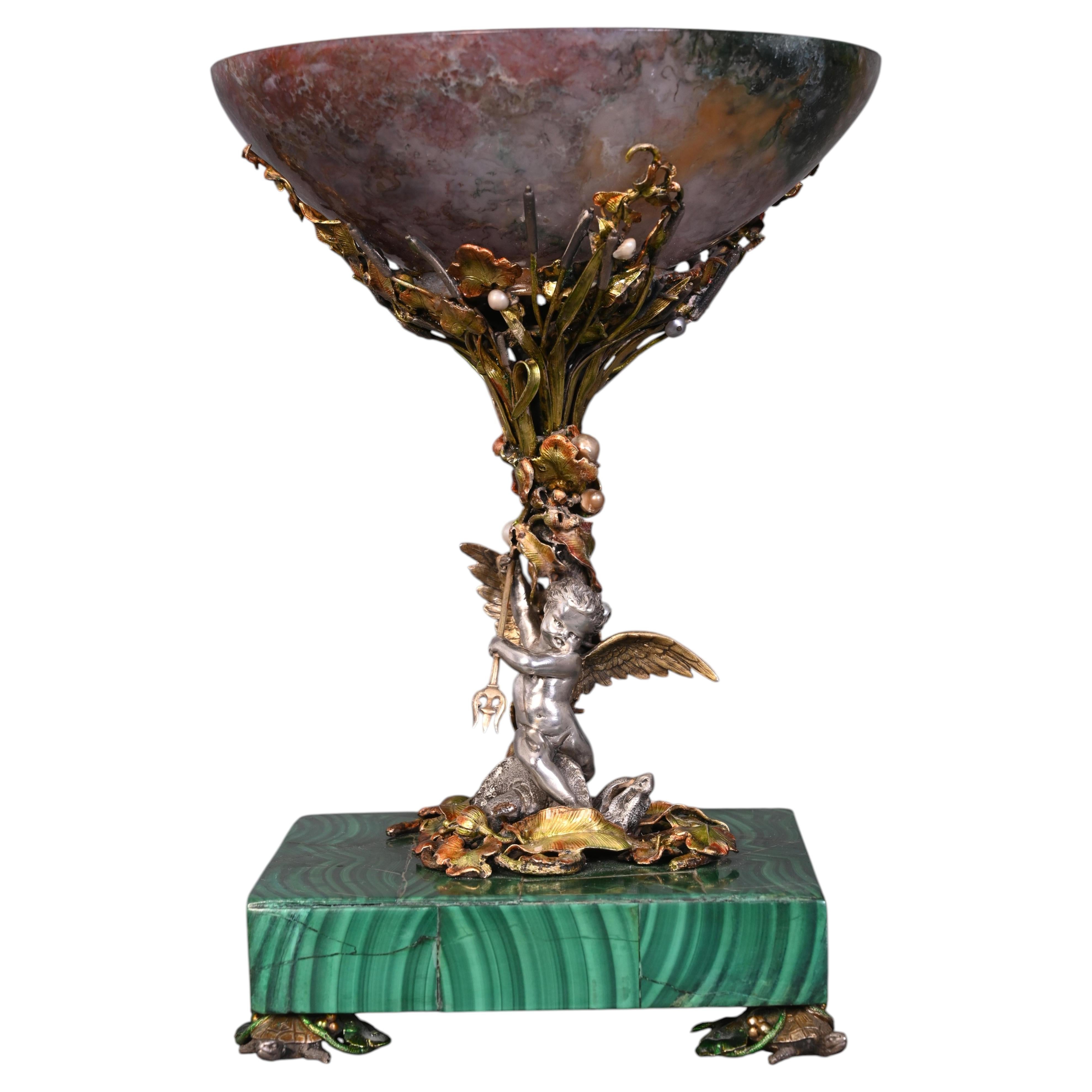 François-Désiré FROMENT-MEURICE, Silver, Agate and Malachite Tazza Decorated For Sale