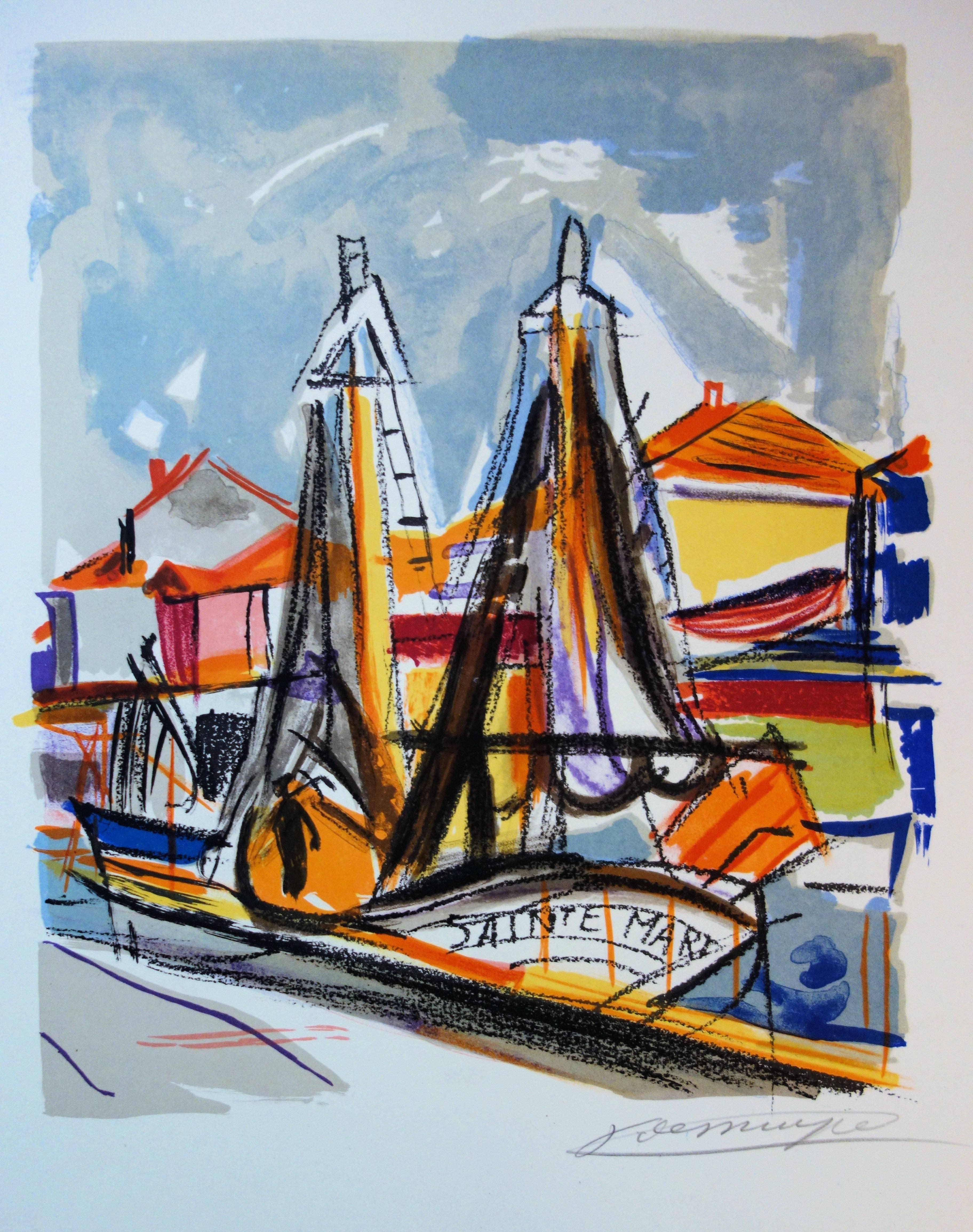 Figurative Print de François Desnoyer - Brittain : Veleros en un pequeño puerto - Litografía original firmada a mano