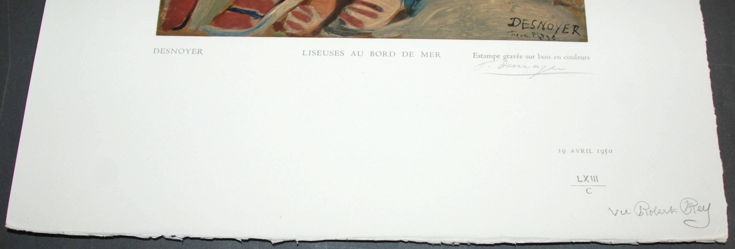 Artist: Francois Desnoyer (after)
Medium: wood engraving in colors on Van Gelder Zonan paper with deckle edge
Title: Liseuses Au Bord De Mer
Portfolio: Estampes
Year: 1950
Edition: LXIII/C
Framed Size: 22 3/4 x 26 inches
Sheet Size: 18 1/8 x 14 1/8