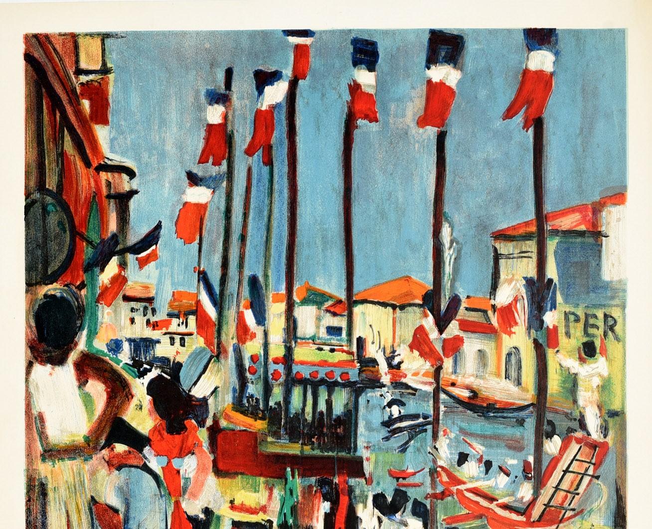 Original Vintage Poster Mediterranee Languedoc Les Joutes A Sete Water Jousting - Print by François Desnoyer