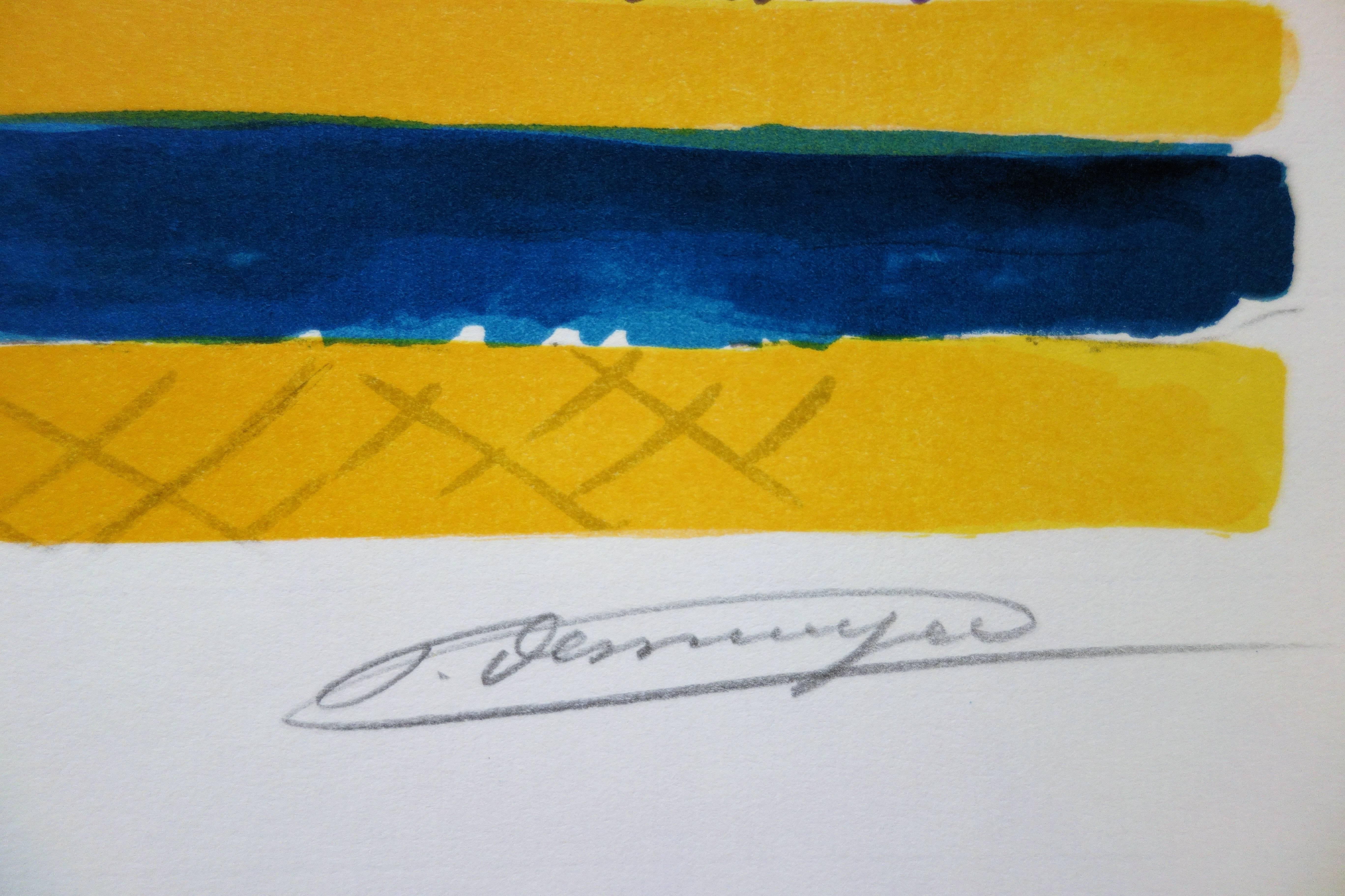 Small Houses near the Beach - Original handsigned lithograph - Print by François Desnoyer