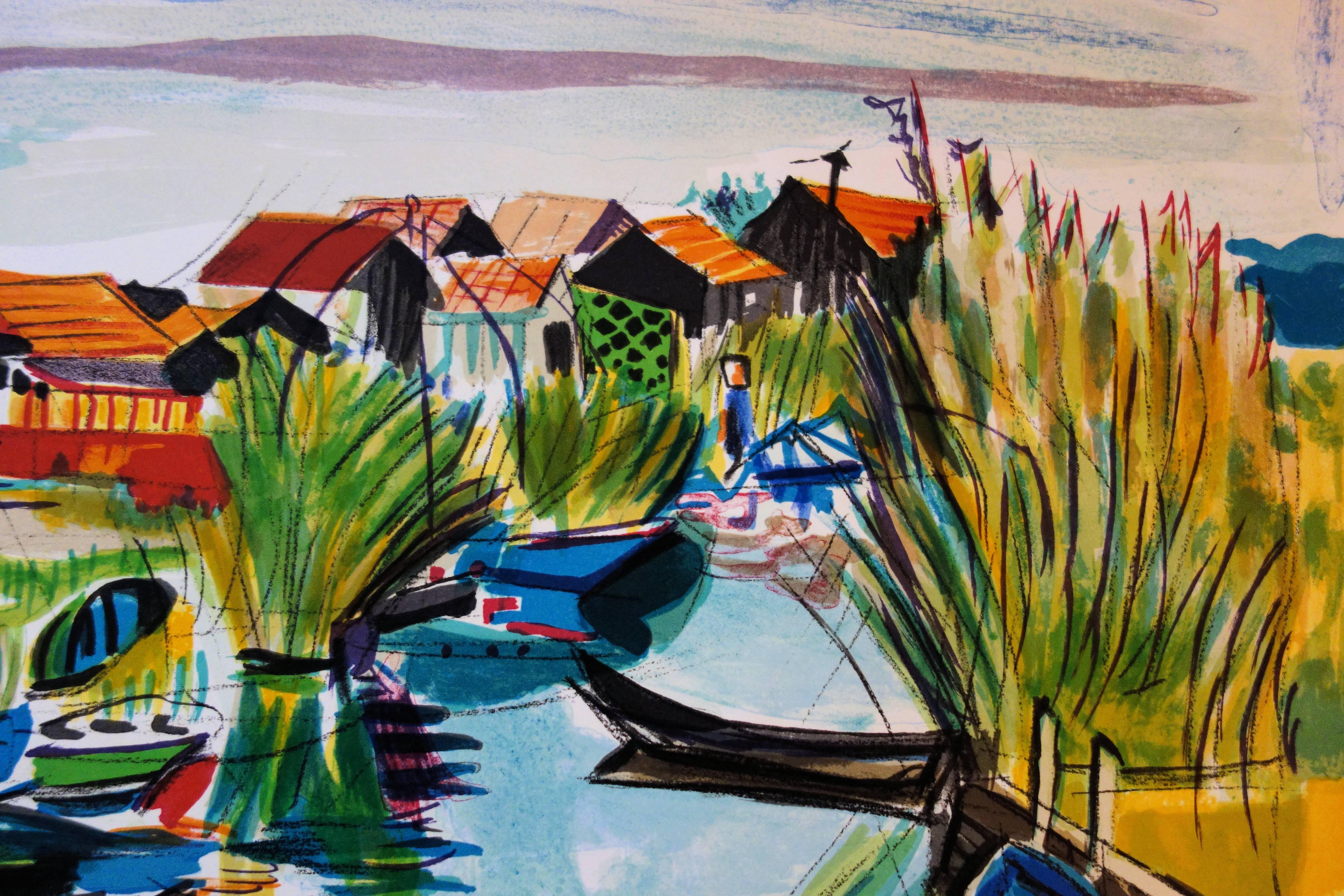 Small Village in Camargue - Original Handsigned lithograph - Modern Print by François Desnoyer