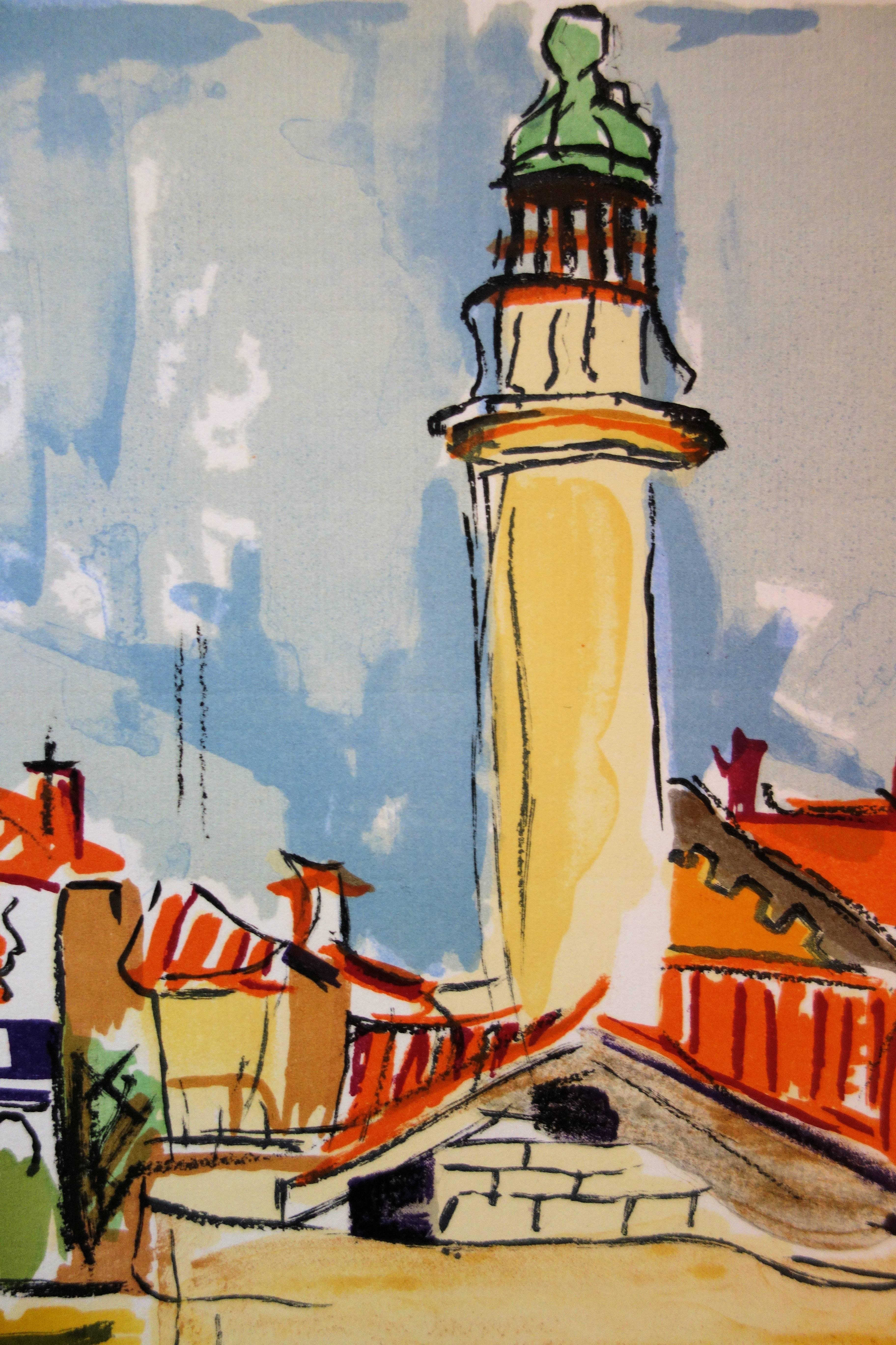Il Faro - Litografia originale firmata da mano - Landscape Print Grigio di François Desnoyer