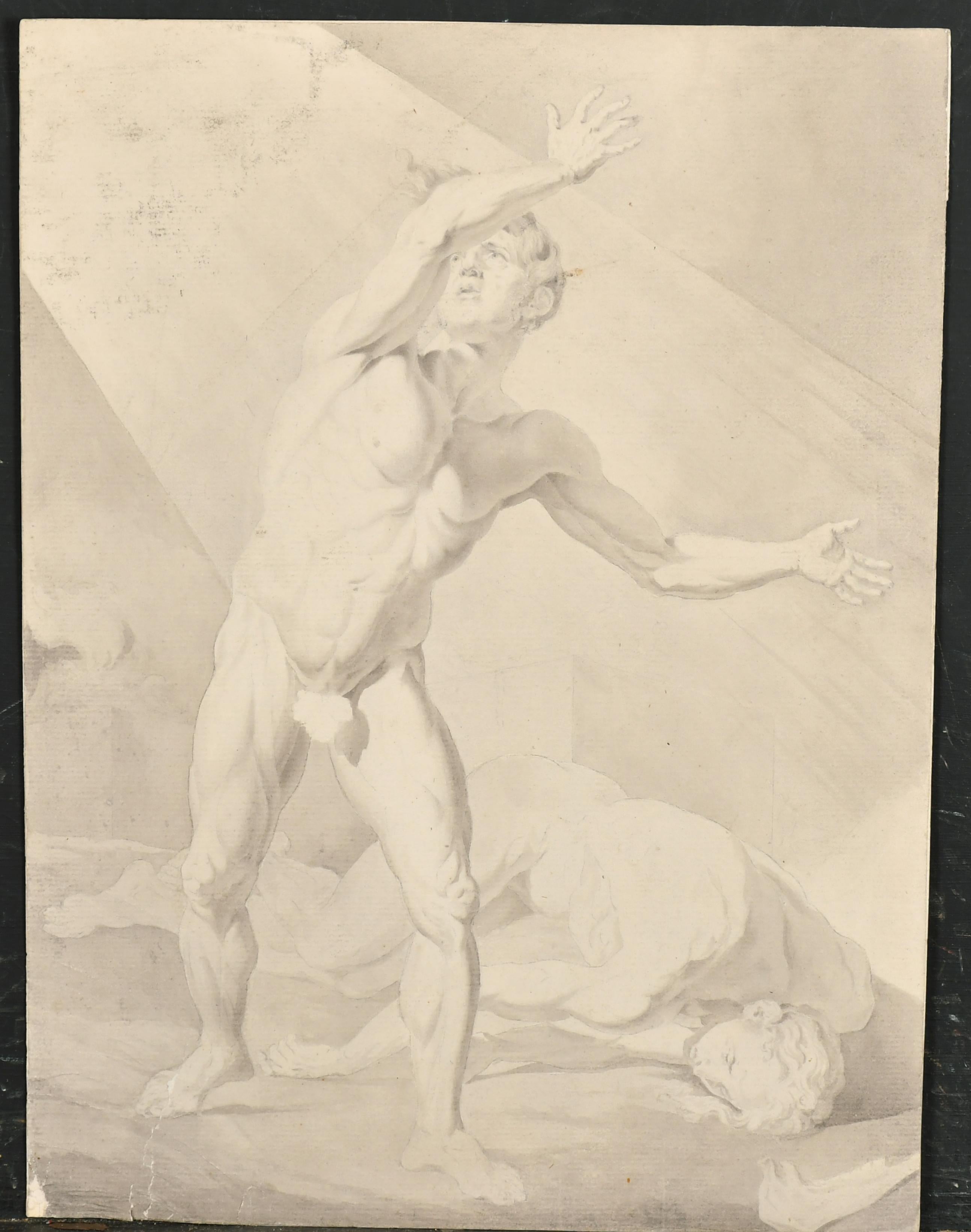 Fine 18th Century French Old Master Ink Wash Drawing Cain & Abel Fighting - Art by Francois Devosge