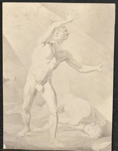 Fino dibujo a la aguada de tinta del French Old Master del siglo XVIII Caín y Abel luchando