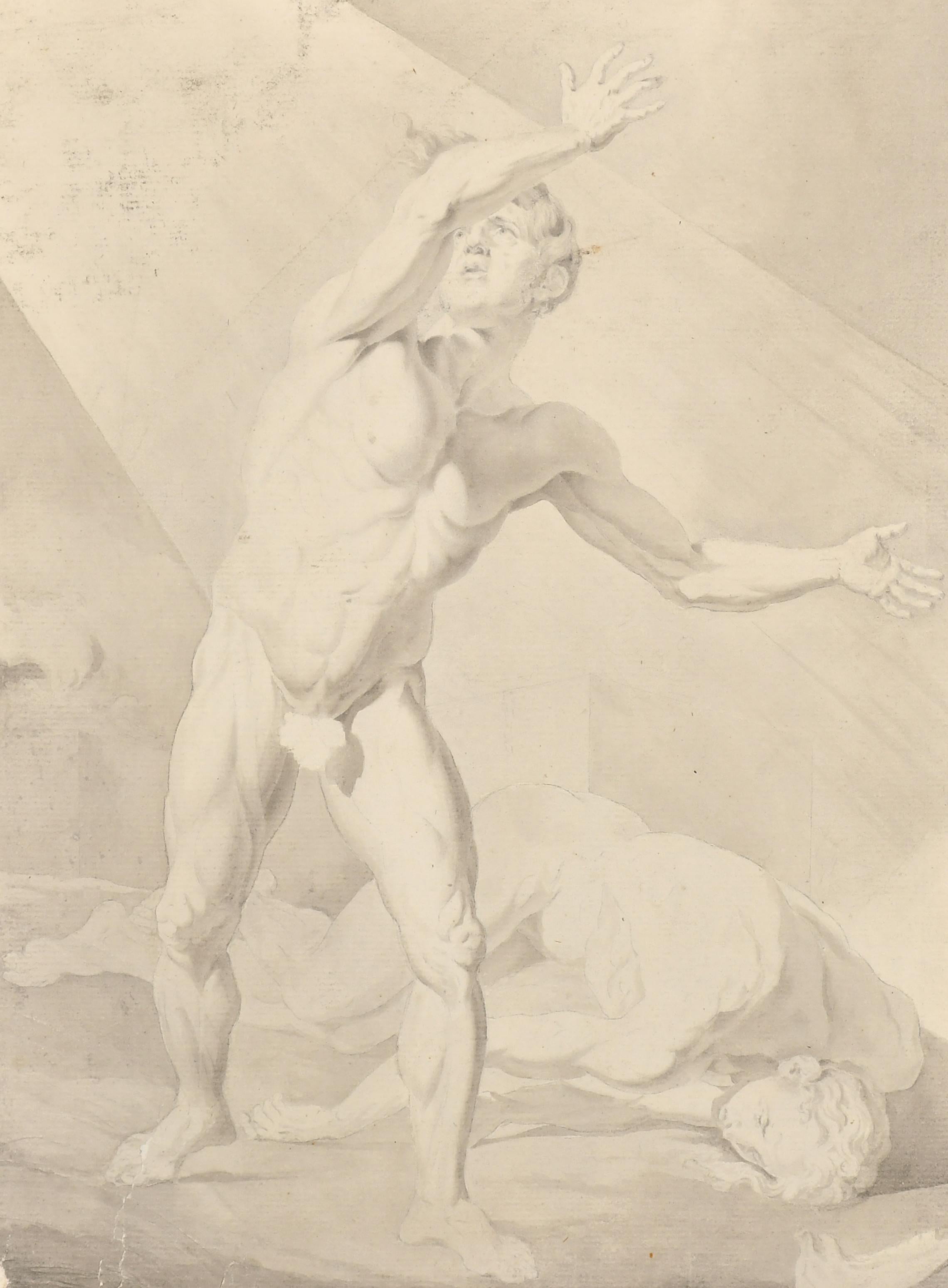Französische alte Meister-Tintenwaschzeichnung, Cain & Abel Fighting, 18. Jahrhundert