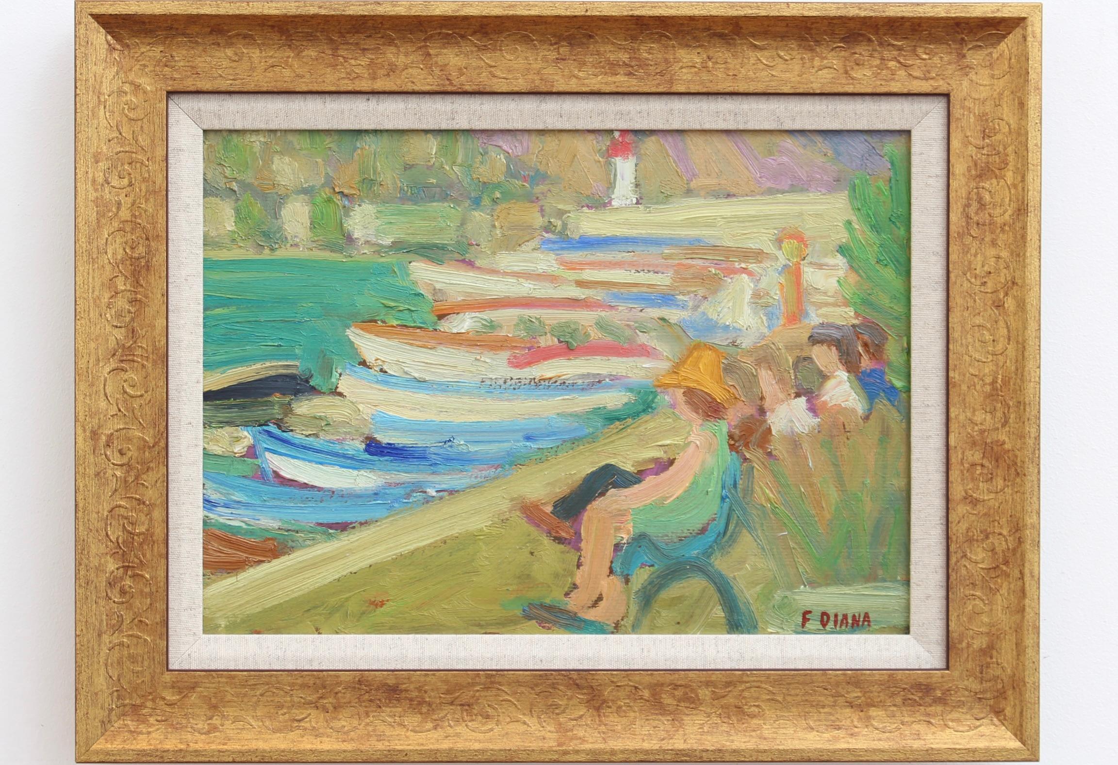Familie sitzend auf einer Bank im Hafen von Port – Painting von François Diana