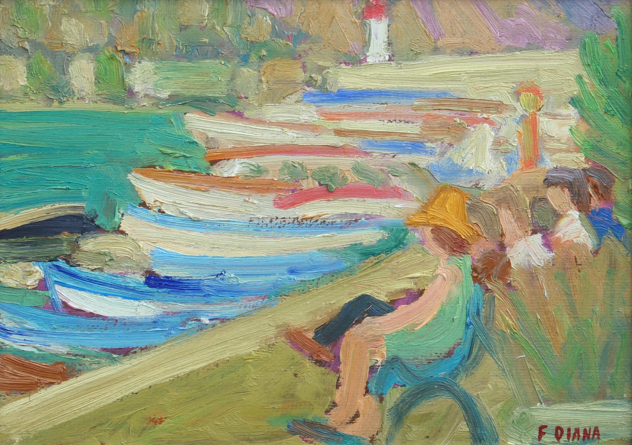 Familie sitzend auf einer Bank im Hafen von Port (Expressionismus), Painting, von François Diana