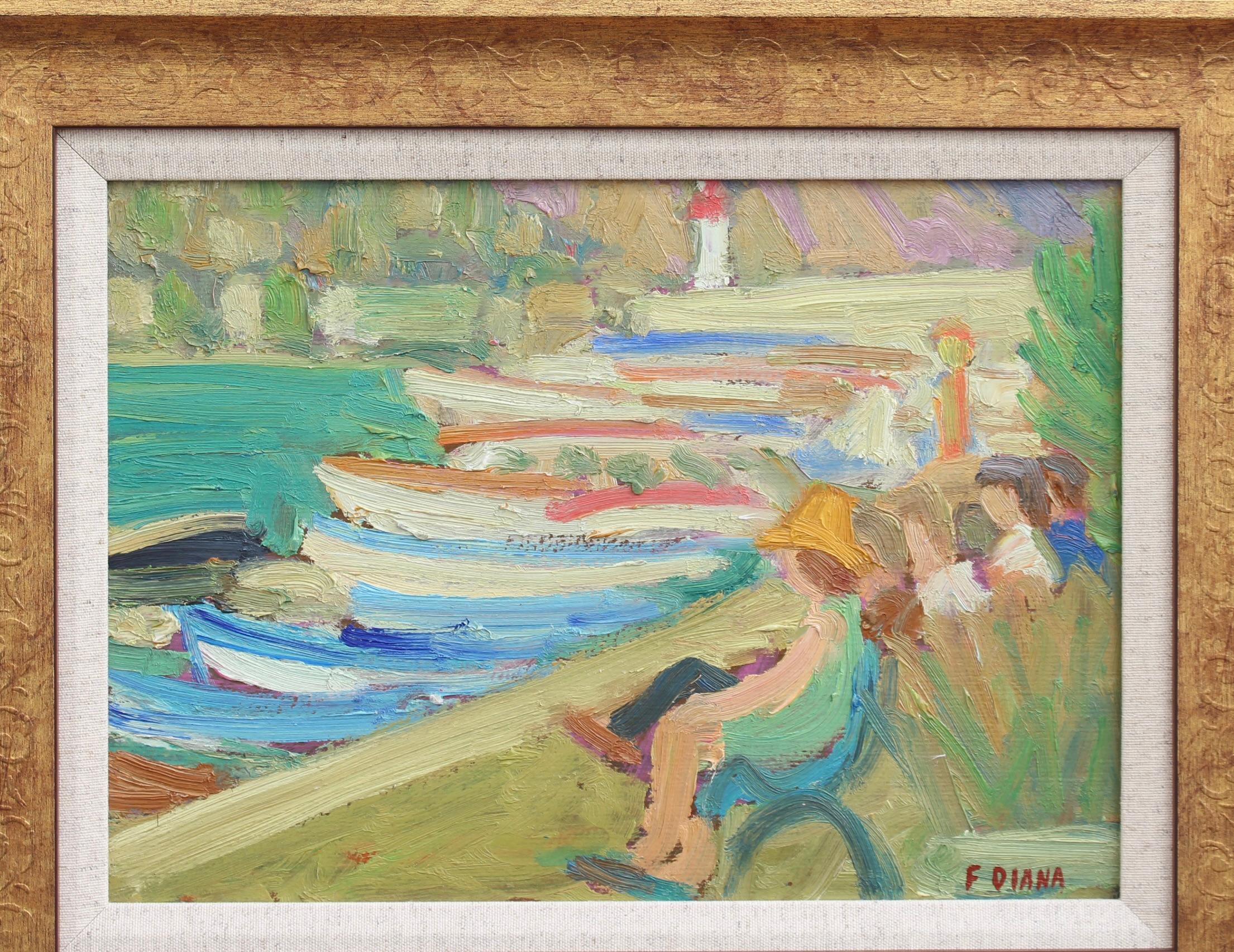 Family Seated on a Bench at the Port For Sale 1