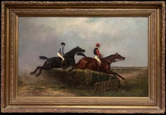 Feine belgische Sportkunst des 19. Jahrhunderts Ölgemälde Pferderennen mit Jockeys