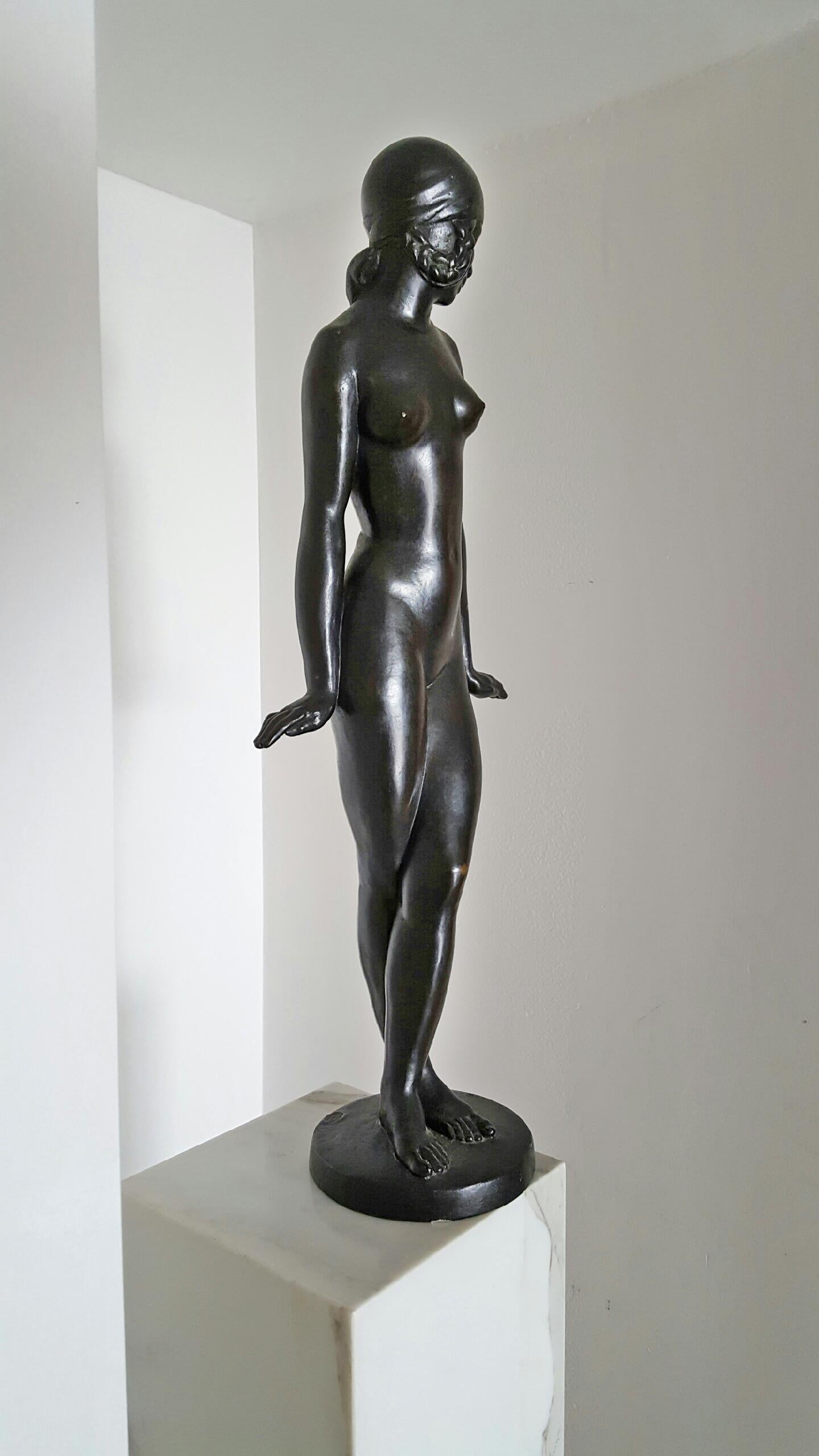 Nude Sculpture Francois Emile Popineau - Bronze Art Déco,  Danseuse danseuse française d'une jeune fille nue 