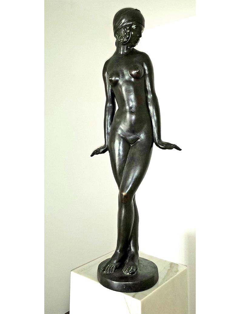 Art Deco Bronze ,  French Nude Girl Dancer Danseuse  – Sculpture von Francois Emile Popineau