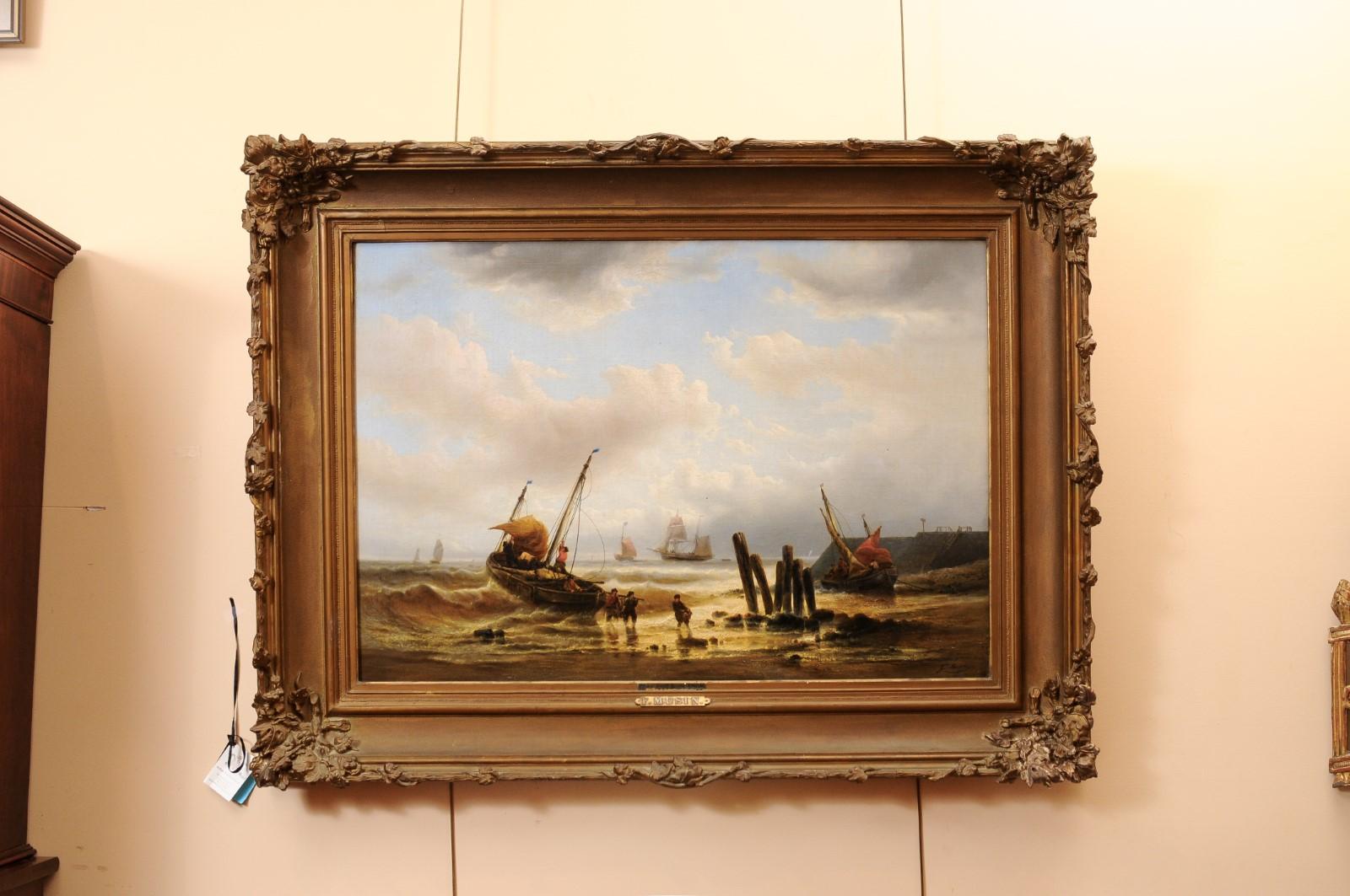 Francois-Etienne Musin (Belgian 1820-1888) Marine Seascape Oil on Canvas in Giltwood Frame Signed “F. Musin”