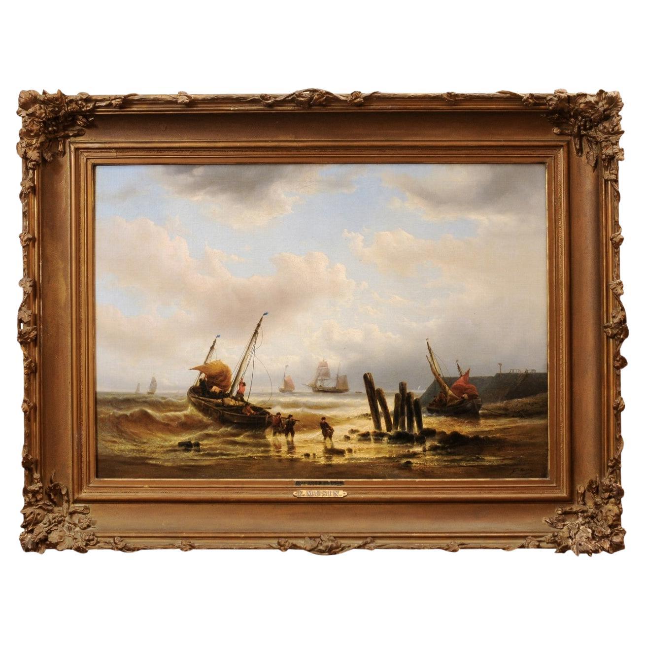 Francois-Etienne Musin (Belgian 1820-1888) Marine Seascape Oil on Canvas For Sale