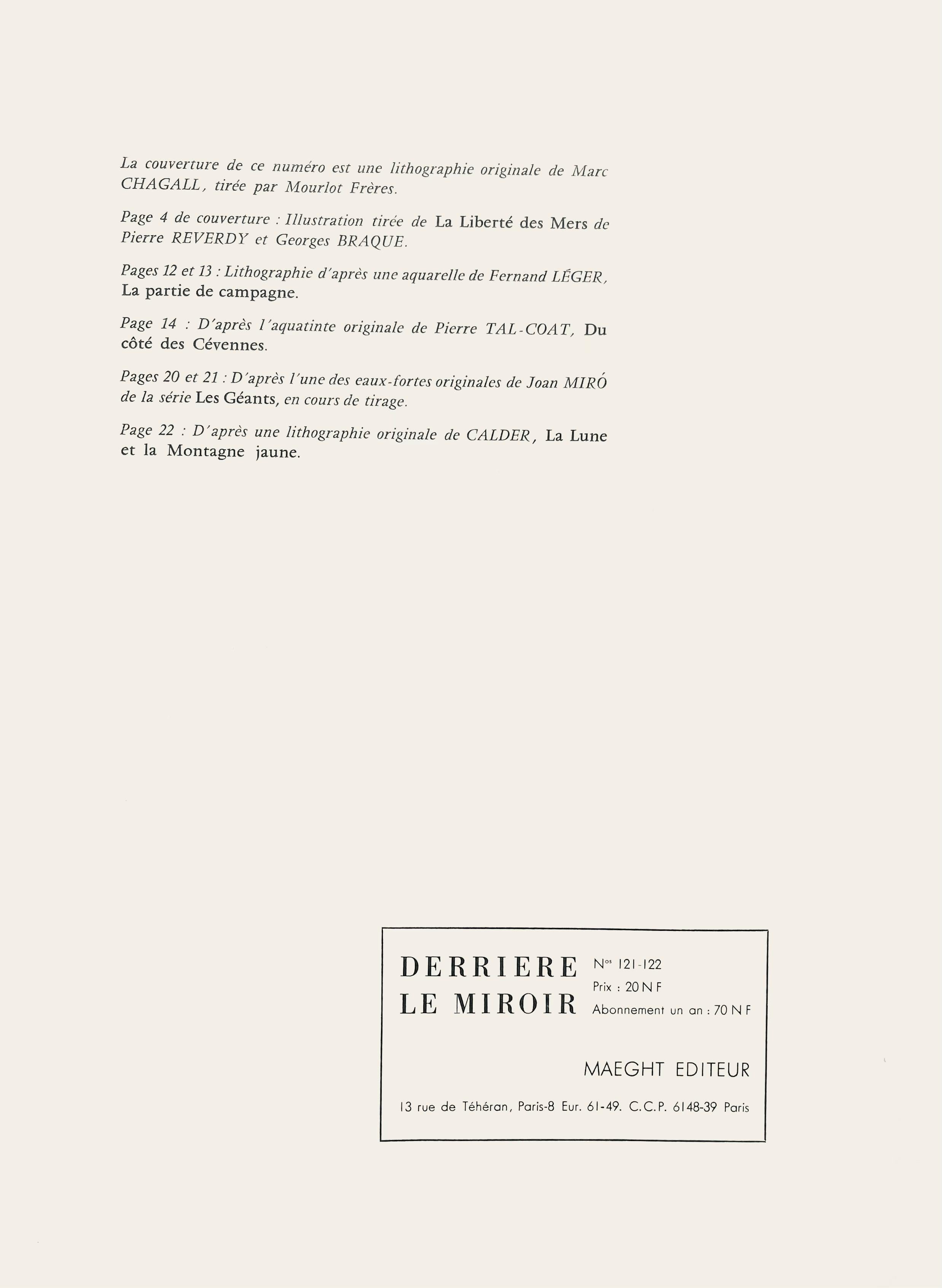 Lithographie sur papier vélin. Inscription : Non signé et non numéroté, tel que publié. Bon état. Notes : Extrait de Derrière le miroir, N° 121-122, 1960. Publié par Aimé Maeght, Éditeur, Paris ; imprimé par les Éditions Pierre à Feu, Galerie