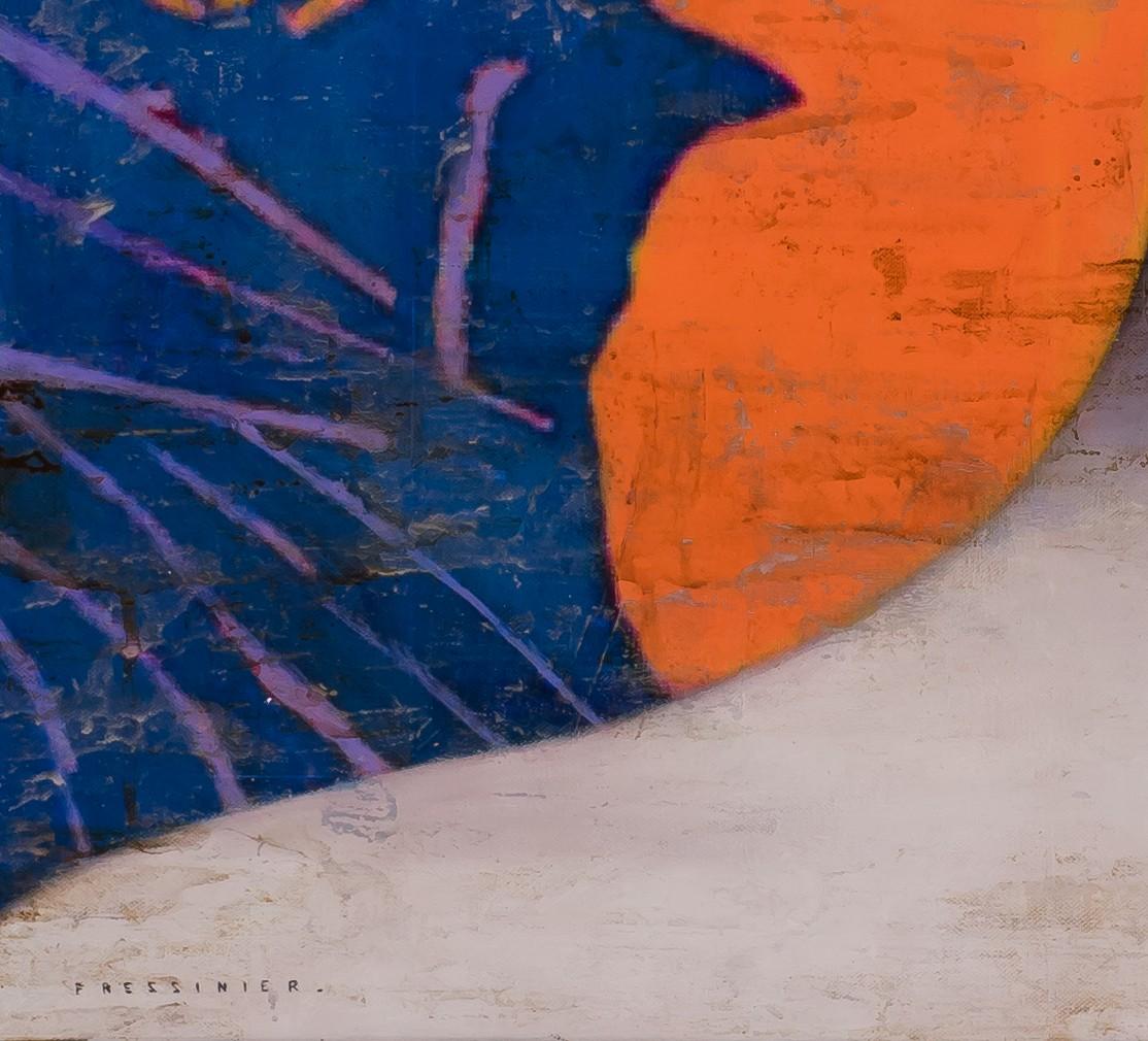 At the Factory is an oil and mixed media painting on canvas, framed in a contemporary, white frame. Signed ‘FRESSINIER’ lower left, 40 x 40 inches canvas size and 43.5 x 43.5 inches framed.

François Fressinier (b. 1968) is a French-born painter