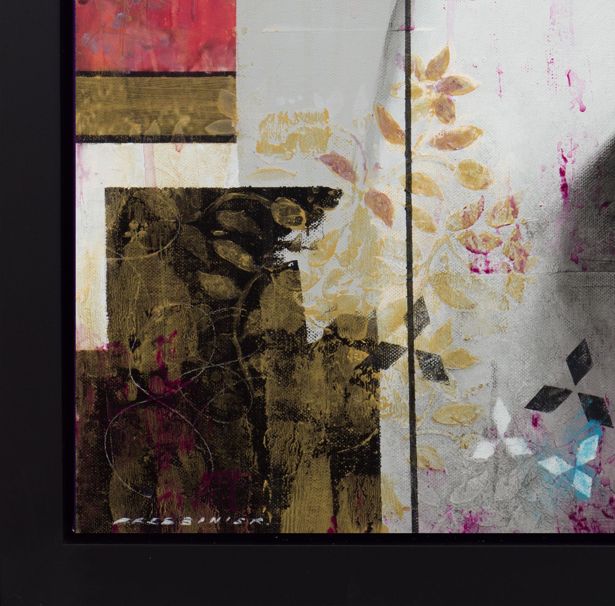 La Vie en Rose ist ein Gemälde in Öl und Mischtechnik auf Leinwand, gerahmt in einem modernen, schwarzen Rahmen. Signiert 'FRESSINIER' unten links, Größe 32 x 32 Zoll auf Leinwand und 35,5 x 35,5 Zoll gerahmt.

François Fressinier (geb. 1968) ist