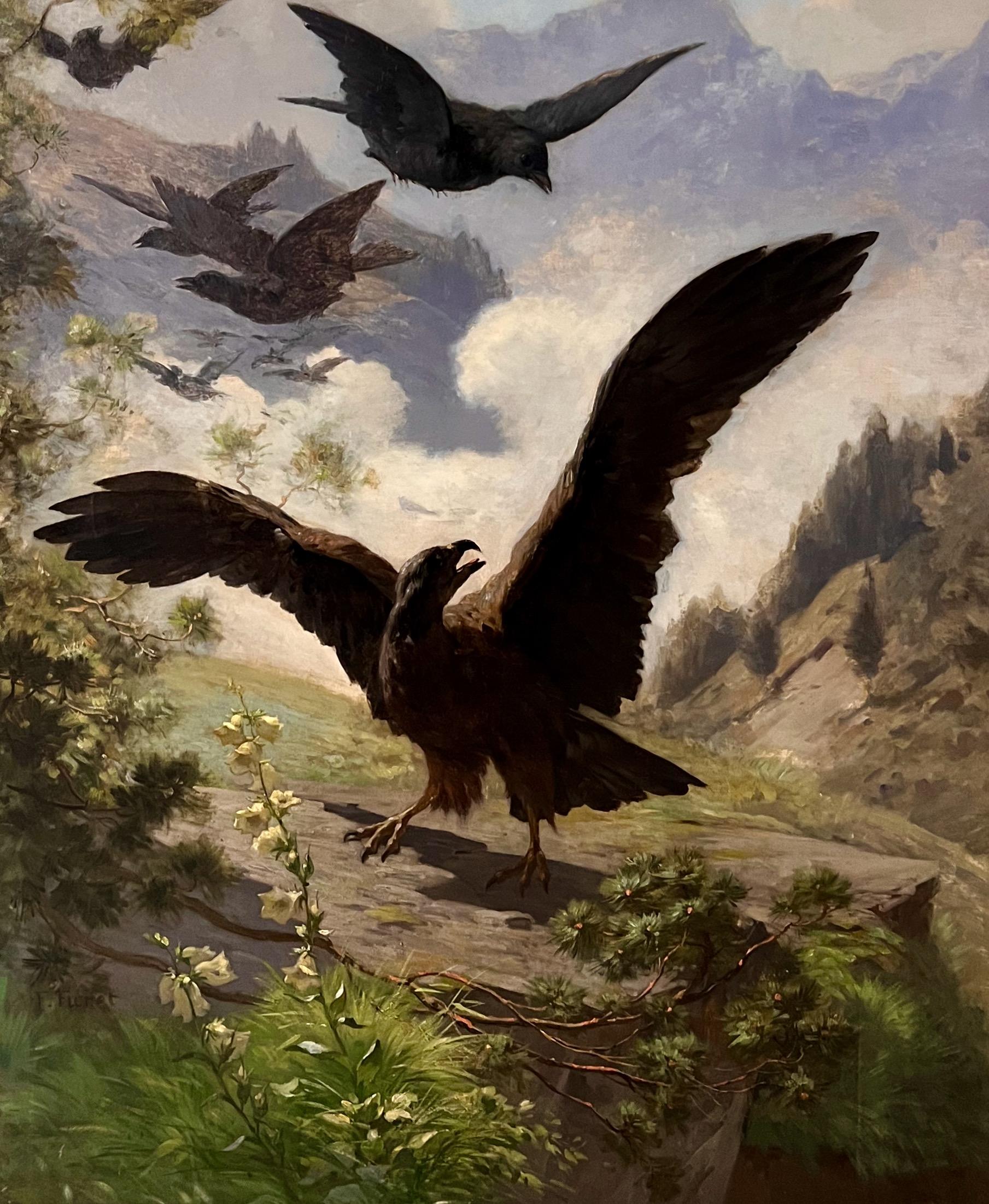 This captivating painting from around 1890 depicts a Swiss Golden Eagle in a dramatic mountain landscape, fending off Carrion Crows. Oil on canvas, signed F. Furet.  

Francois Furet (1842–1919) spent his entire artistic career in Geneva, where he