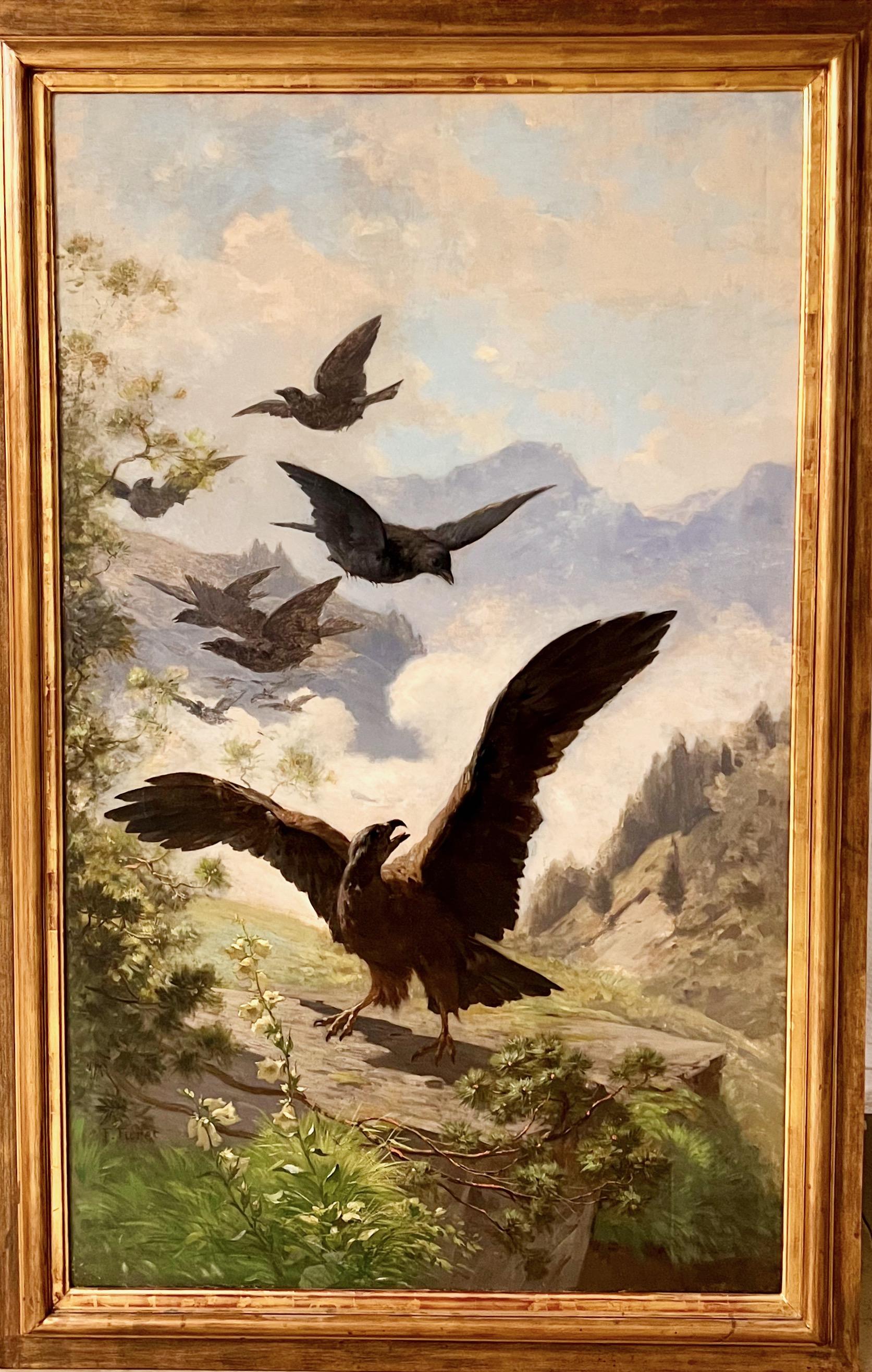 Steinadler in Berglandschaft Aaskrähen abwehren