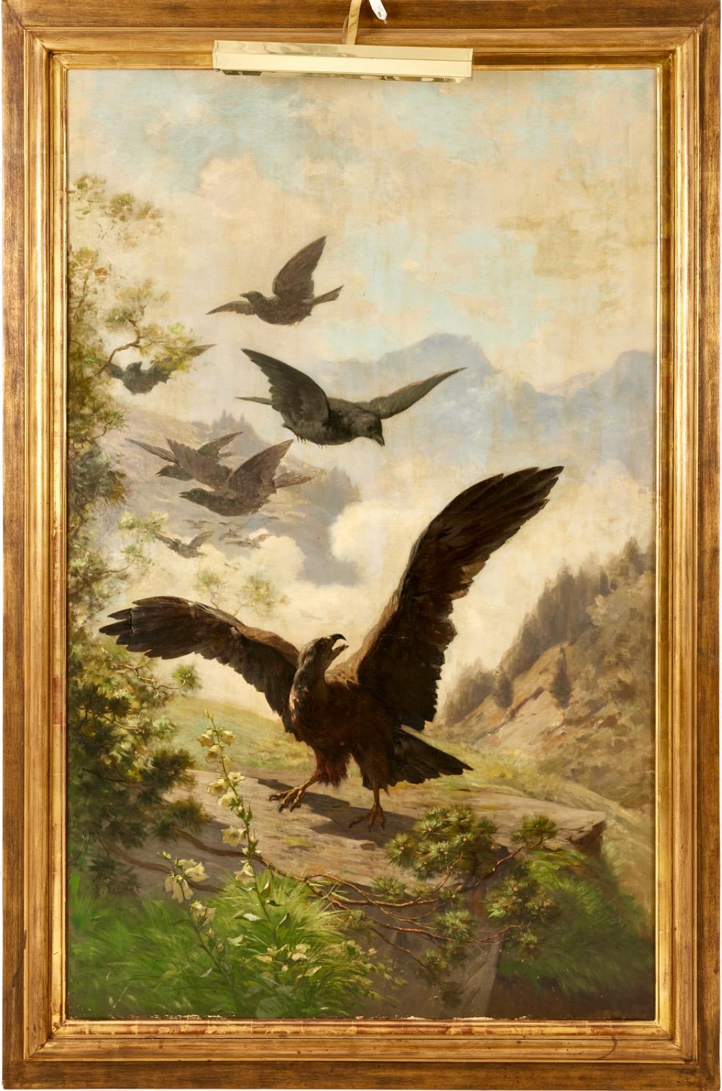 Aquila reale in un paesaggio montano che respinge le cornacchie - Painting di Francois Furet