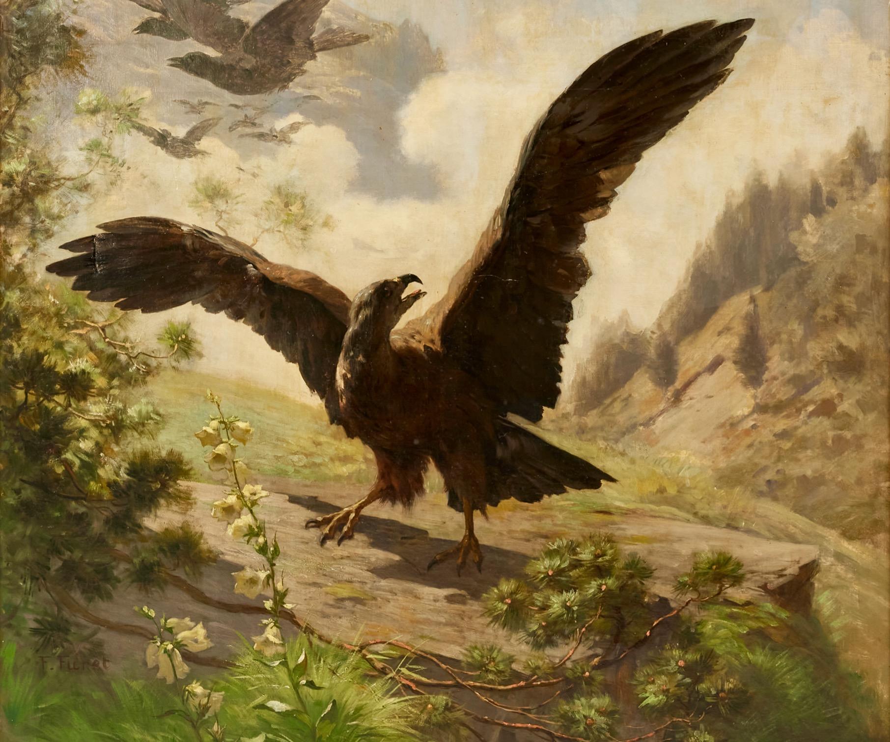 Questo affascinante dipinto del 1890 circa raffigura un'aquila reale svizzera in un drammatico paesaggio montano, mentre respinge dei corvi. Olio su tela, firmato F. Furet.  

Francois Furet (1842-1919) trascorse tutta la sua carriera artistica a