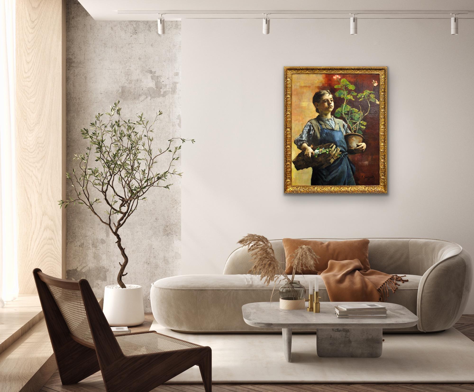 Quadro ad olio belga luminista incorniciato Le Petit Jardinier with Potted Geraniums (Il piccolo giardiniere con i gerani in vaso) in vendita 5