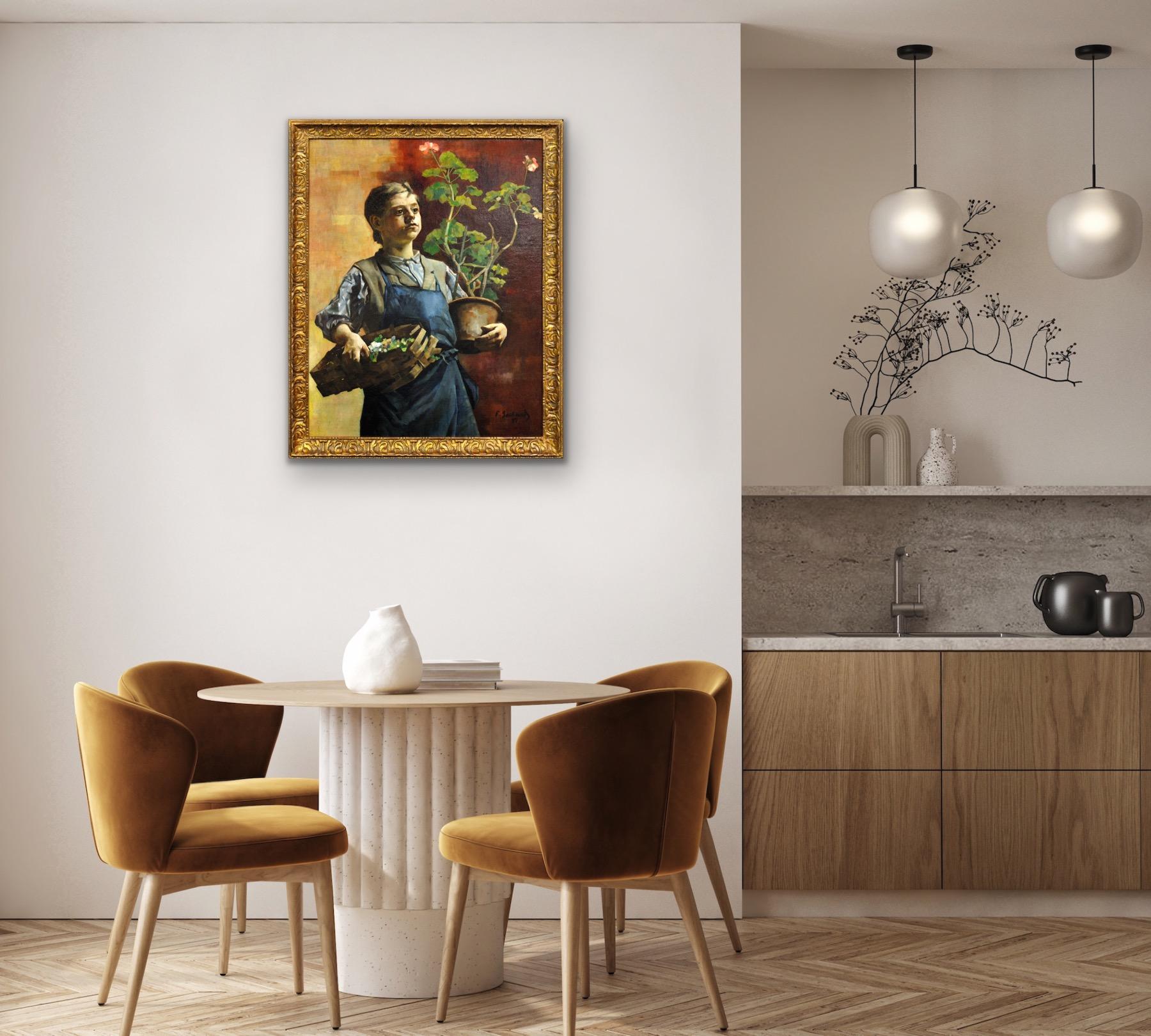 Quadro ad olio belga luminista incorniciato Le Petit Jardinier with Potted Geraniums (Il piccolo giardiniere con i gerani in vaso) in vendita 6