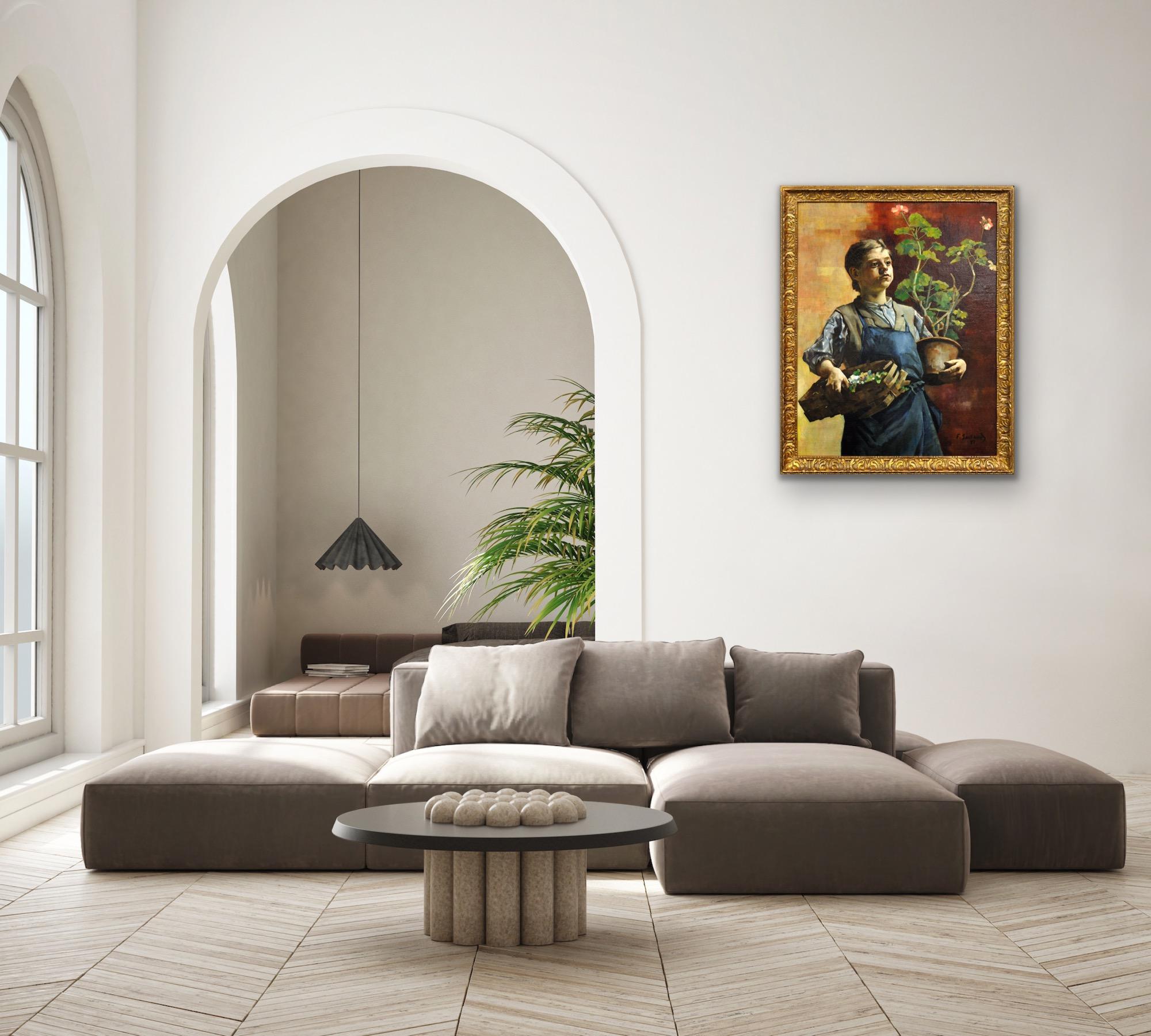 Quadro ad olio belga luminista incorniciato Le Petit Jardinier with Potted Geraniums (Il piccolo giardiniere con i gerani in vaso) in vendita 7
