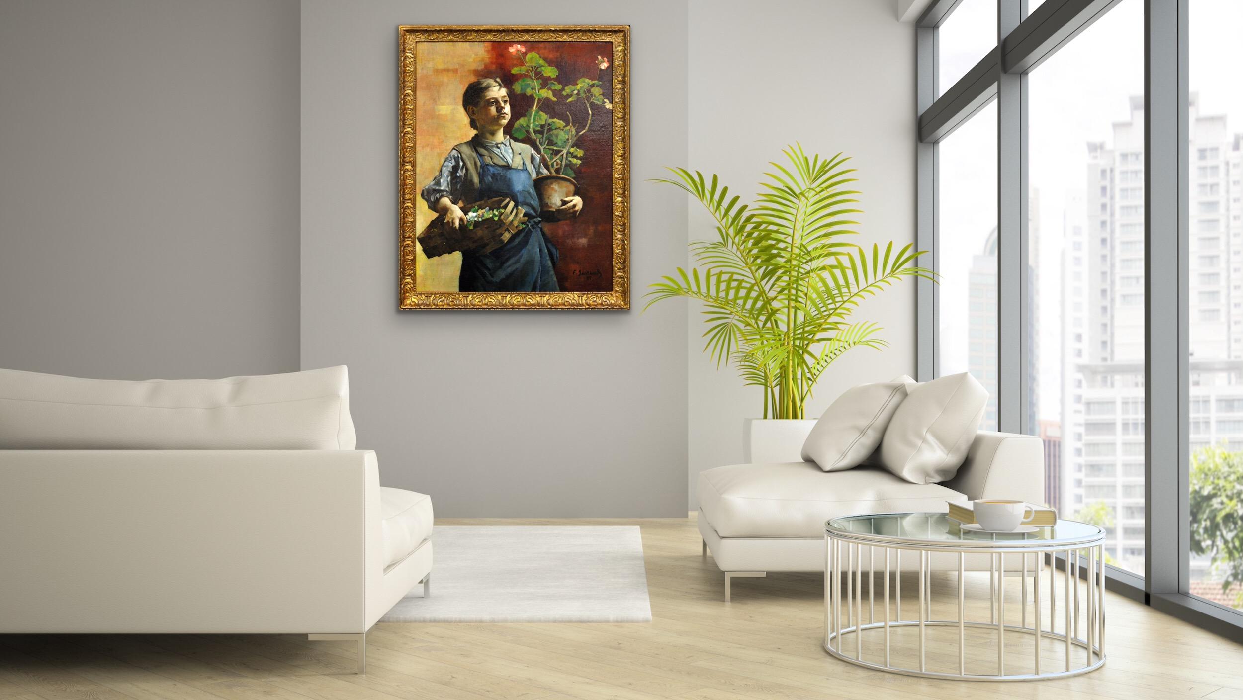 Quadro ad olio belga luminista incorniciato Le Petit Jardinier with Potted Geraniums (Il piccolo giardiniere con i gerani in vaso) in vendita 9