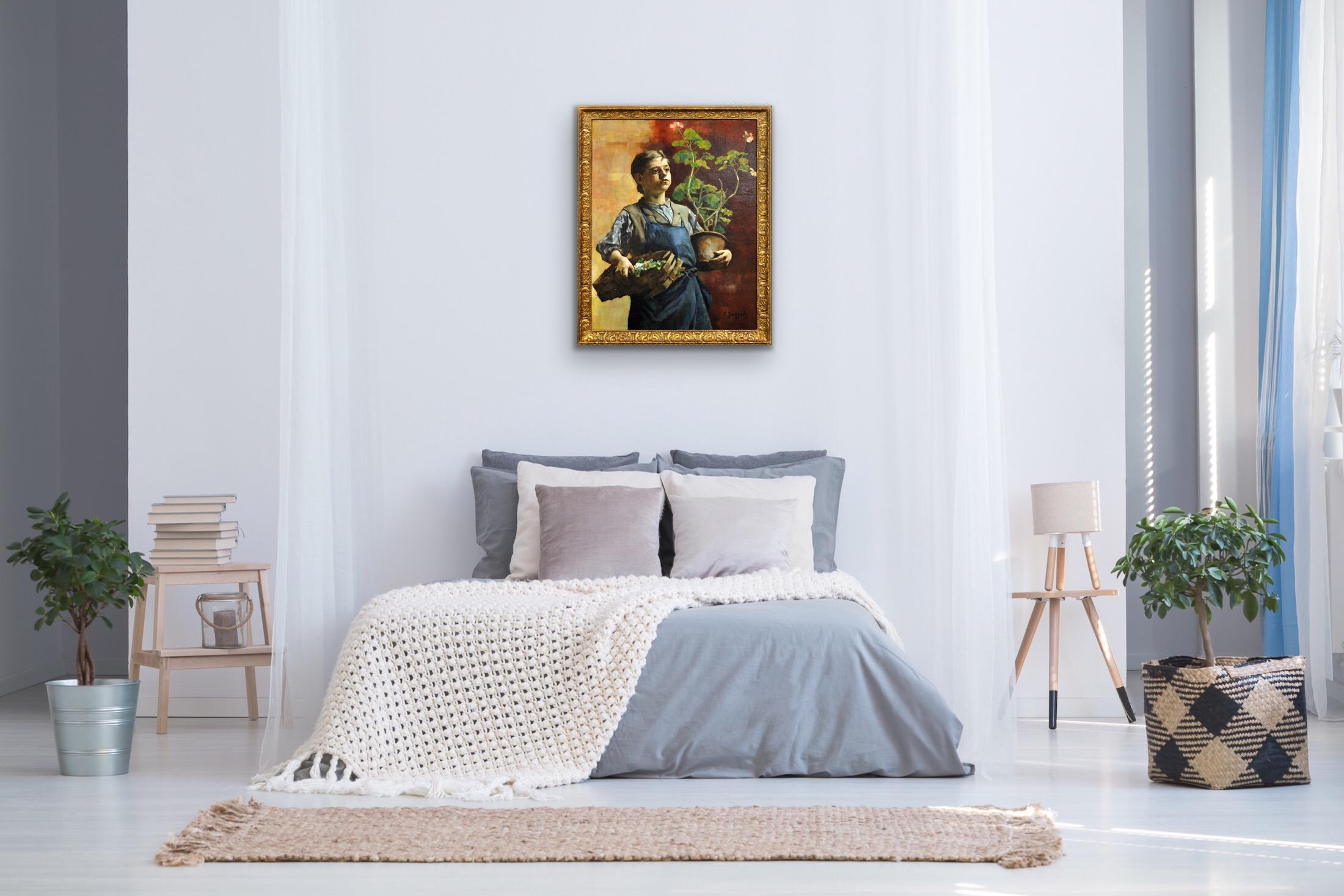 Quadro ad olio belga luminista incorniciato Le Petit Jardinier with Potted Geraniums (Il piccolo giardiniere con i gerani in vaso) in vendita 11