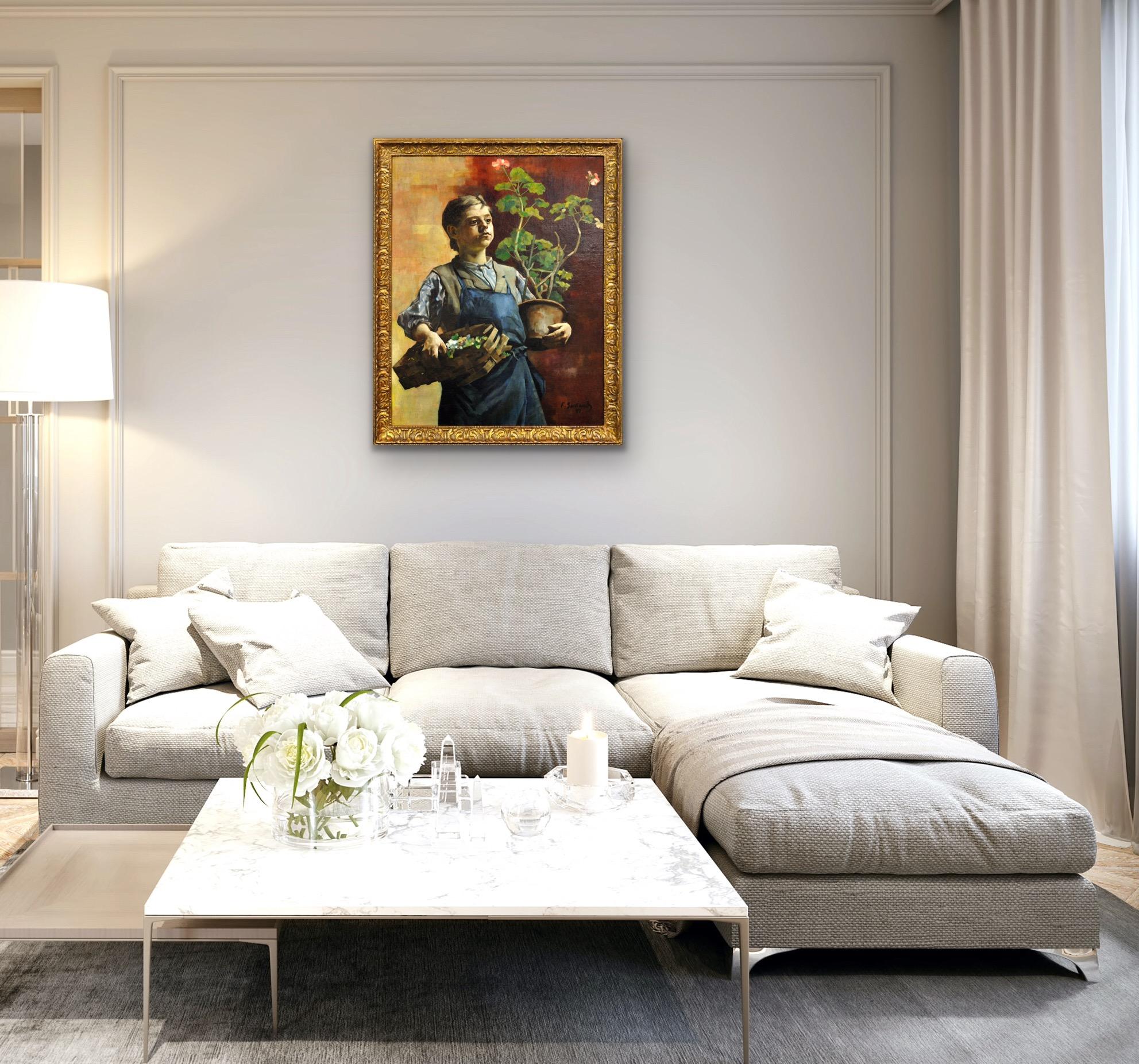 Quadro ad olio belga luminista incorniciato Le Petit Jardinier with Potted Geraniums (Il piccolo giardiniere con i gerani in vaso) in vendita 12