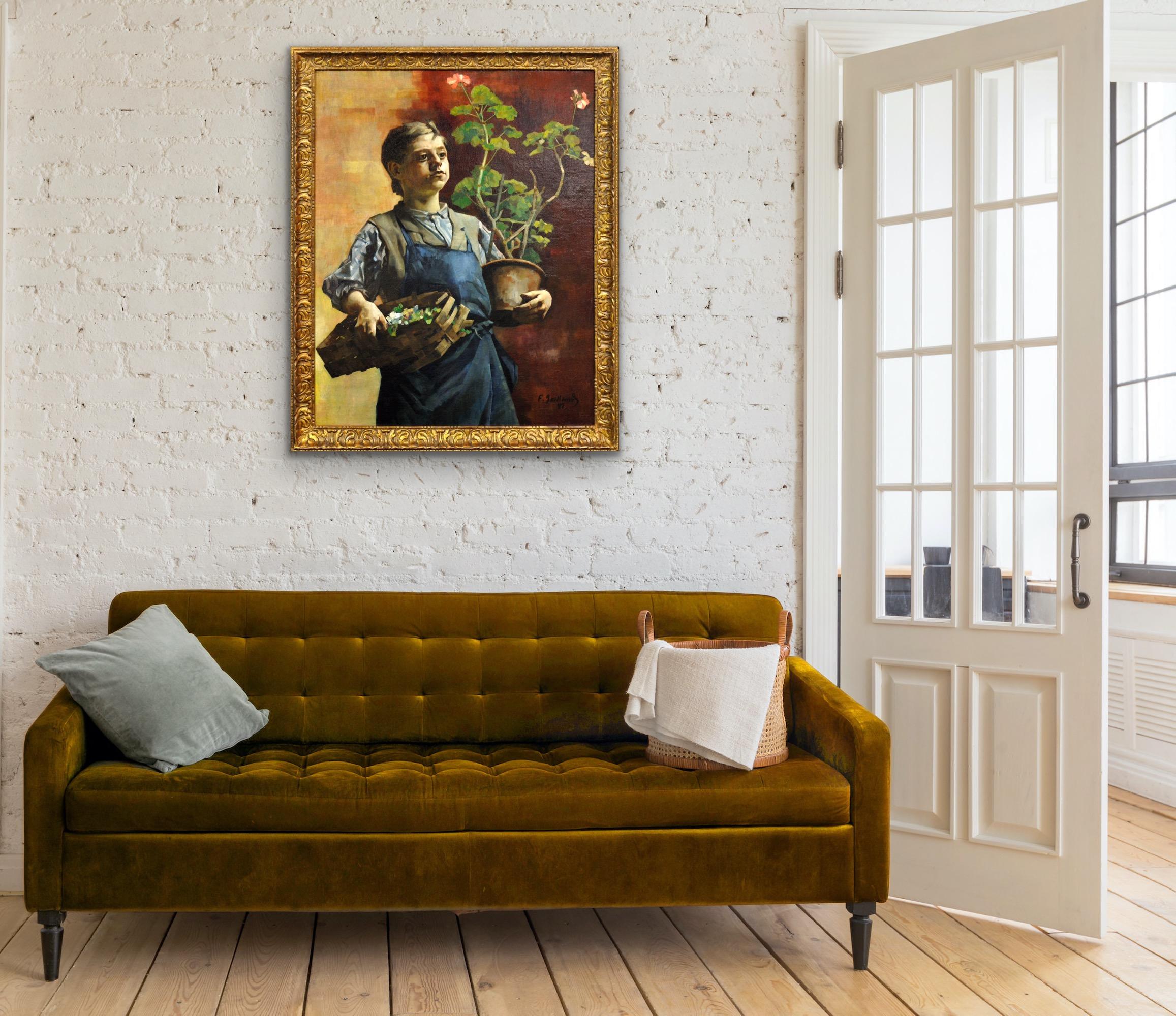 Quadro ad olio belga luminista incorniciato Le Petit Jardinier with Potted Geraniums (Il piccolo giardiniere con i gerani in vaso) in vendita 13