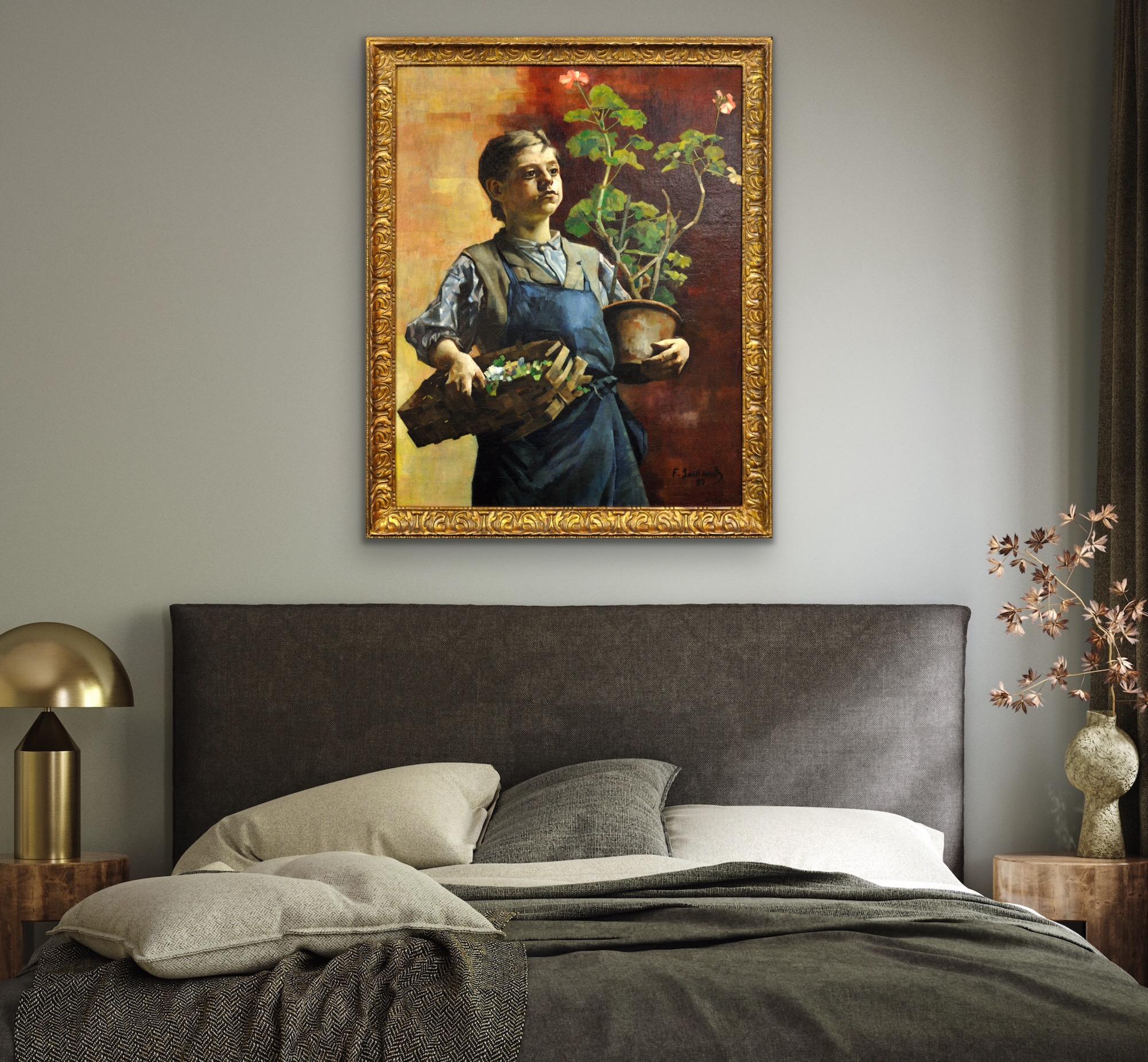 Quadro ad olio belga luminista incorniciato Le Petit Jardinier with Potted Geraniums (Il piccolo giardiniere con i gerani in vaso) in vendita 14