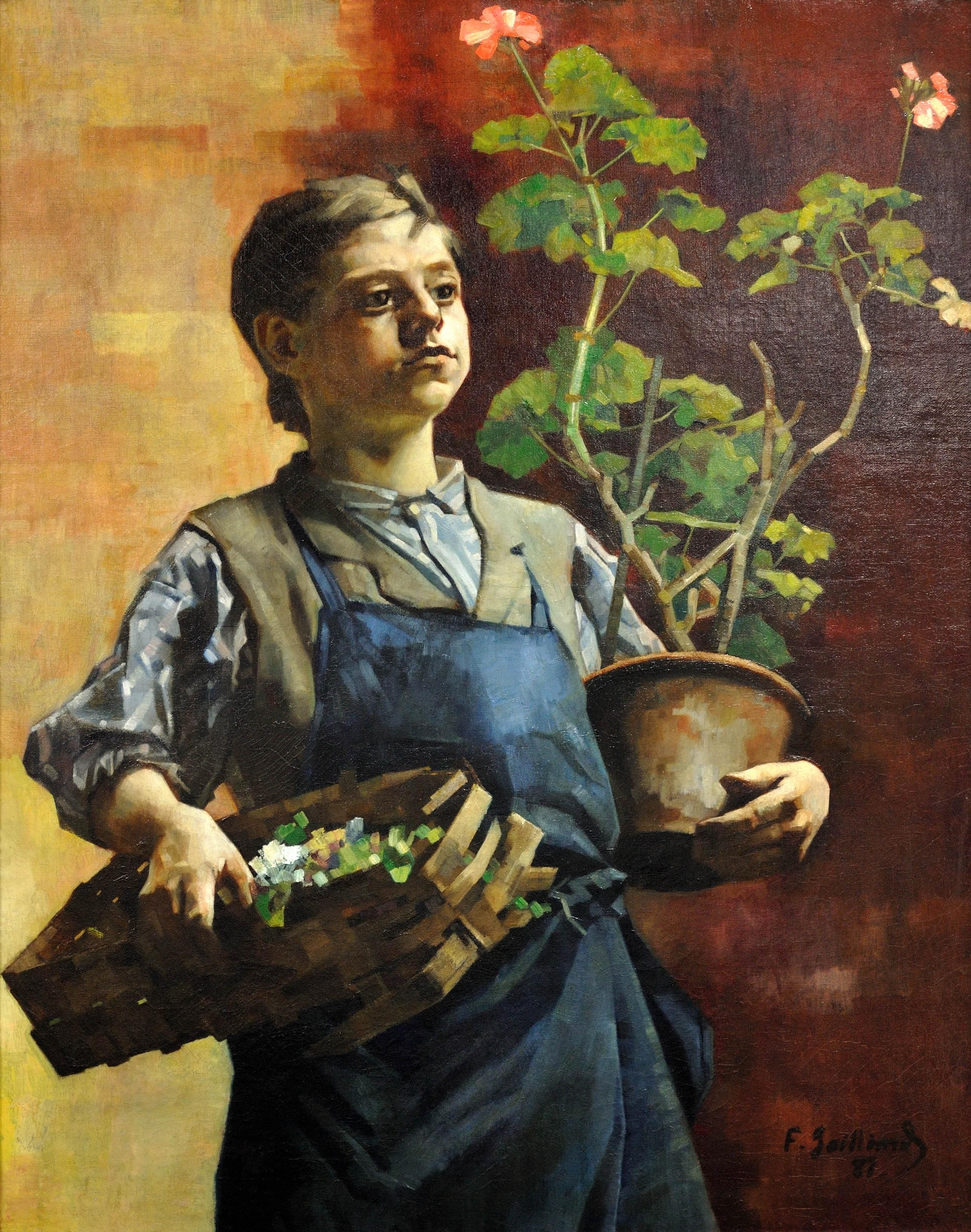 Quadro ad olio belga luminista incorniciato Le Petit Jardinier with Potted Geraniums (Il piccolo giardiniere con i gerani in vaso) - Painting di Francois Gailliard